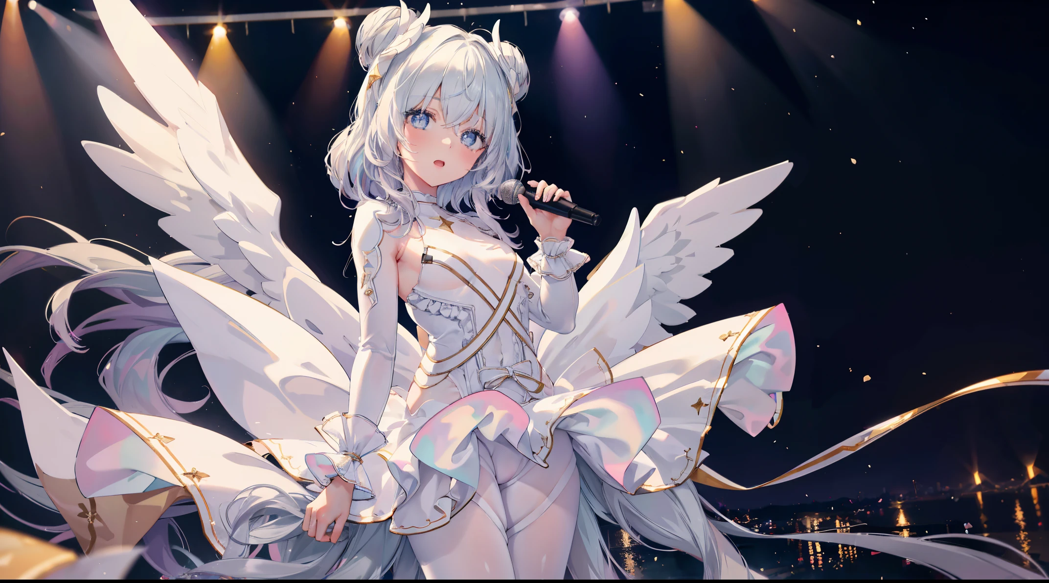 ((4k, masterpiece, top-quality)),8k, best quality, high resolution, HD, (illustration:0.8), super cute girl, delicate and beautiful face, mature girl, super cute hairstyle, (beautiful detailed eyes:1.6), extremely detailed face, perfect lighting, extremely detailed CG, (perfect hands, perfect anatomy), super complex details, intricate details, Best quality, le malin holding a microphone with her two hands and singing, hands on microphone, microphone, holding with two hands, open mouth, singing, le malin, star-shaped pupils, double bun, blue eyes, very long hair, hair bun, bow, white hair, sidelocks, blue hair ribbon, ribbon, white _dress, angel_wings, white_legwear, long sleeves, white dress, pleated dress, thighband pantyhose, stage,