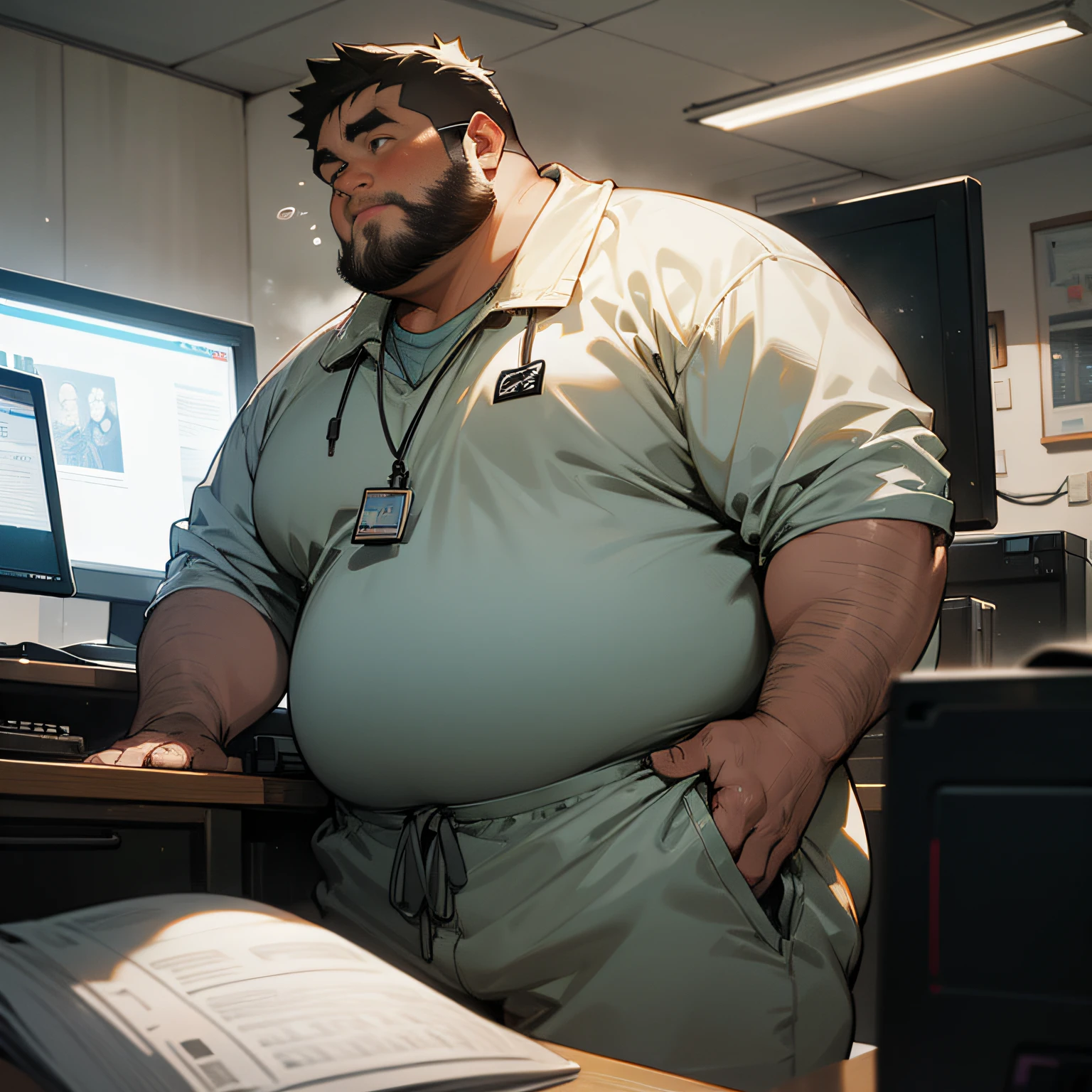 A middle-aged fat man is staring at a computer and breathing heavily, grab your crotch from above your panties, Wear a light gray dirty sweatsuit, Short black hair, (fatness: 1.0), 30-years old, nerdy, wear a light gray sweatsuit, Shy, Sitting in front of a computer screen, Directly opposite, In a dusty private room, casual thin hair, Thick neck and fatty round face, Sweating, Solo, Asian,