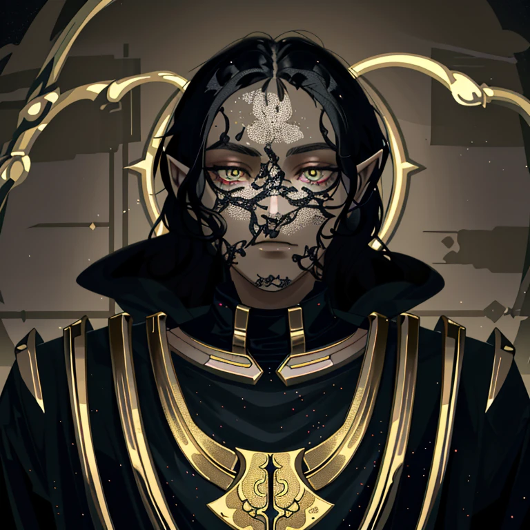 Photo of an elf that shows it's full body, obsidian skin, holy aura, dark cloak, onimous, beautiful golden eyes, long wavy black hair, black tattoos that outline the eyes and mouth
