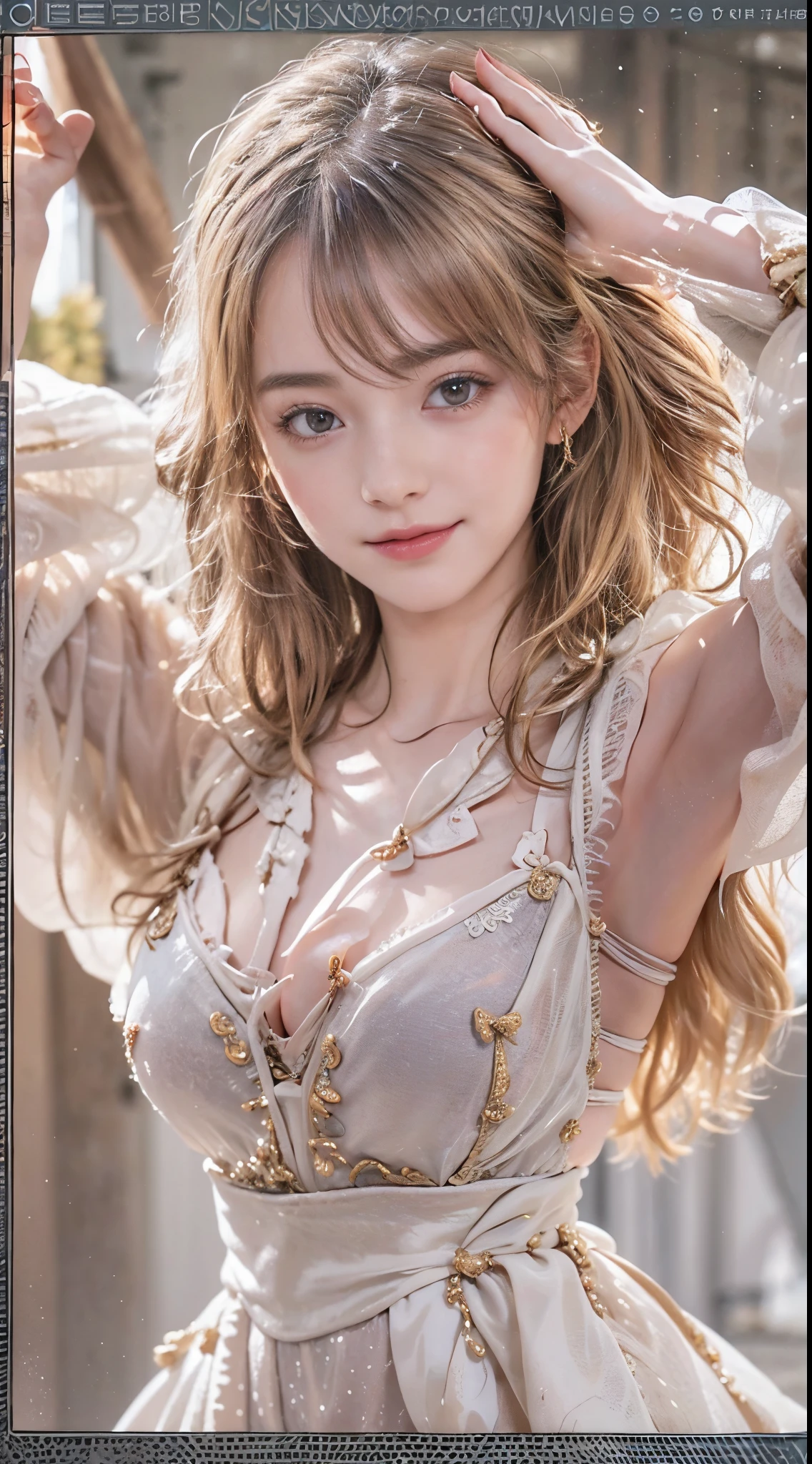 ((top-quality、Top image quality、超A high resolution))、years、独奏、((small tits:1.7))、flat breast、small tit、A smile、with round face、Golden hair、Short ponytail、childlike 、Ultra-detailed and beautiful skin、Realistic and beautiful skin、、((,)), delicate and beautiful face、Young models,(),raise arms,((gothic dress))