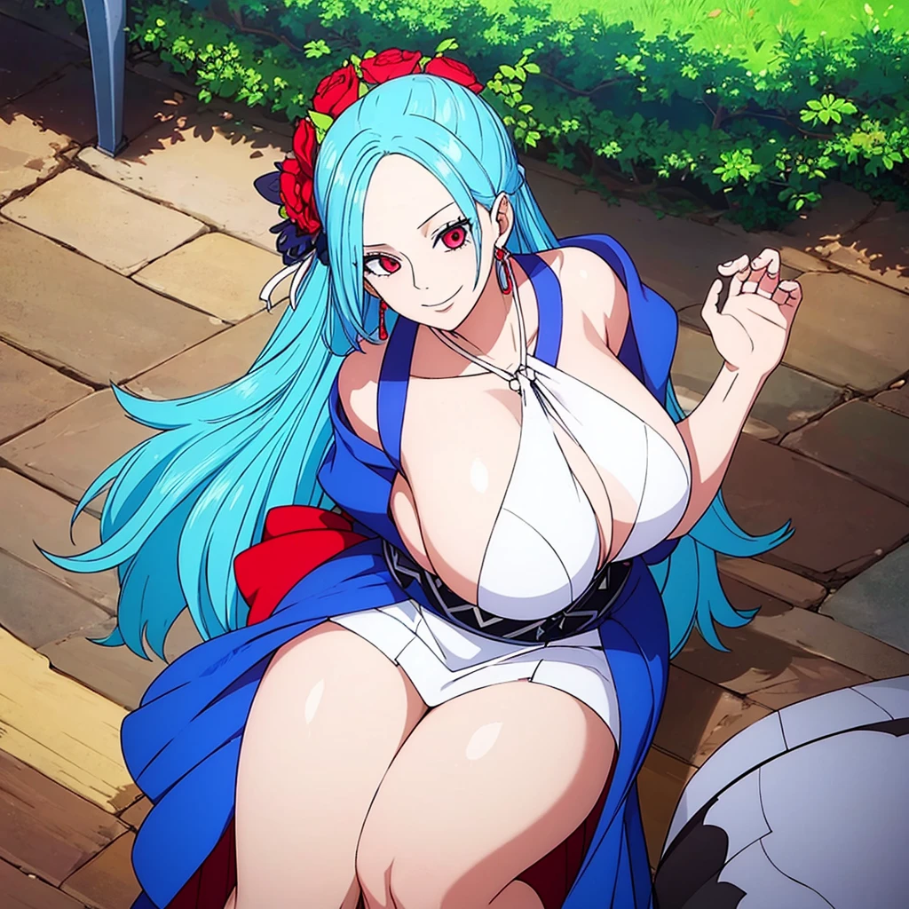 27 old girl with blue hair and red eyes white skin with a beautiful smile she got big boobs and she is wearing skirt.
