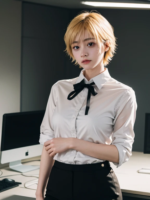 Create realistic images, shooting imaging , Japan girls, short spiky yellow hair, Clear Buttons White Tight Office Shirt , Black tie, black pants. long, blur background ,