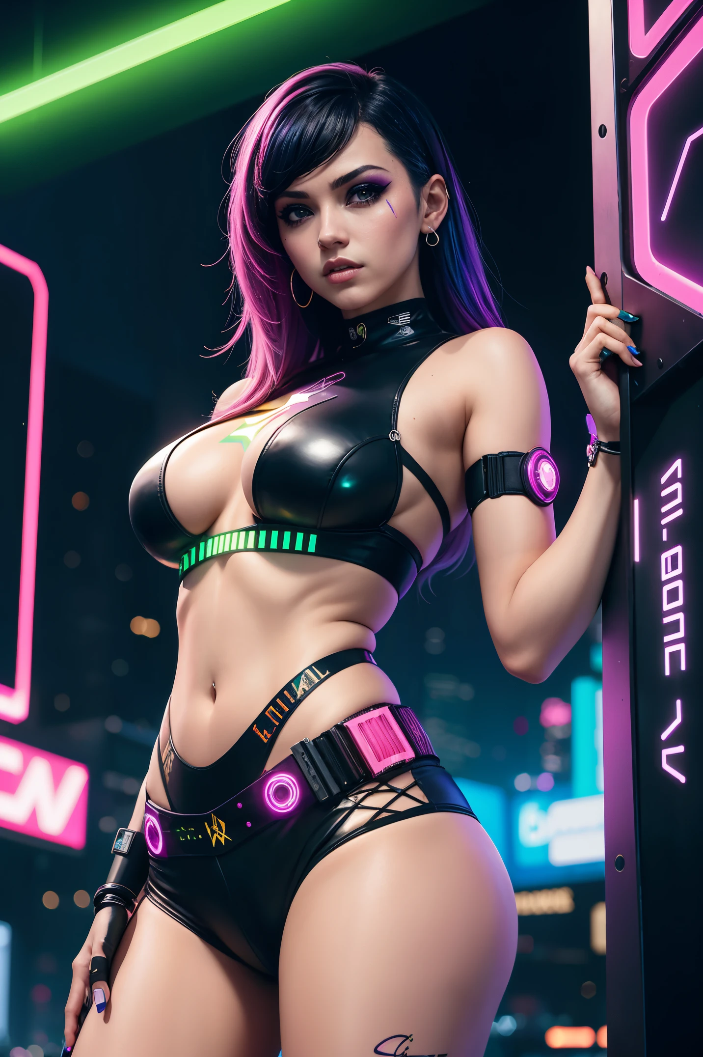 There's a woman standing with a rainbow light, 3 d arte neon de um corpo de mulher, fundo neon-noir, Cyberpunk femme fatale, Fantasia sombria cyberpunk sedutora, clubes de strip cyberpunk, Cyberpunk 20 e. o modelo menina, oppai cyberpunk, Banner, CGSsociety, highes definition, Obra-prima da CGSOCIETY, Trend in CGTacing:, KDA