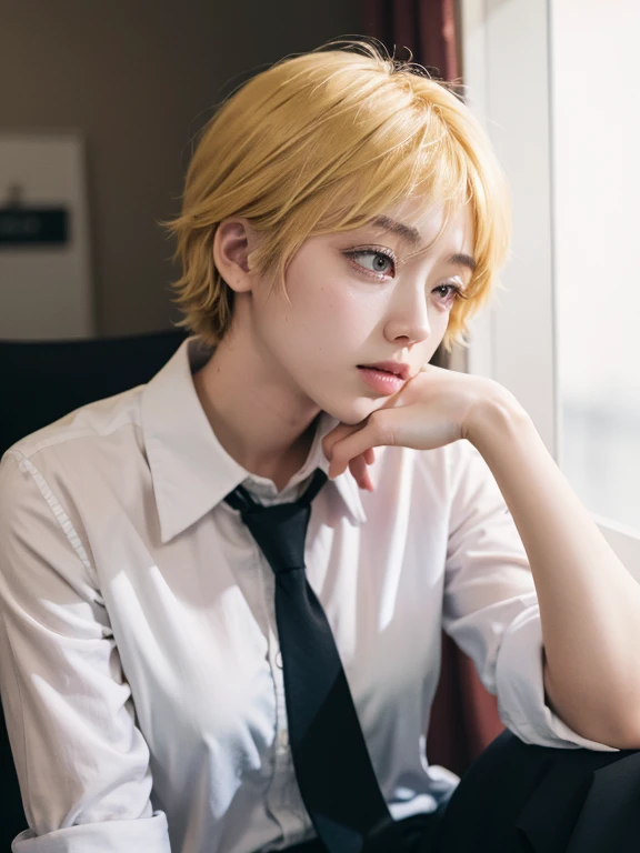 Create realistic images, shooting imaging , Japan girls, short spiky yellow hair, Clear Buttons White Tight Office Shirt , Black tie, black pants. long, blur background ,