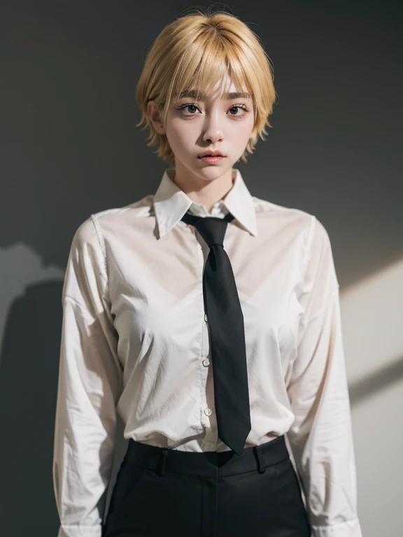 Create realistic images, shooting imaging , Japan girls, short spiky yellow hair, Clear Buttons White Tight Office Shirt , Black tie, black pants. long, blur background ,