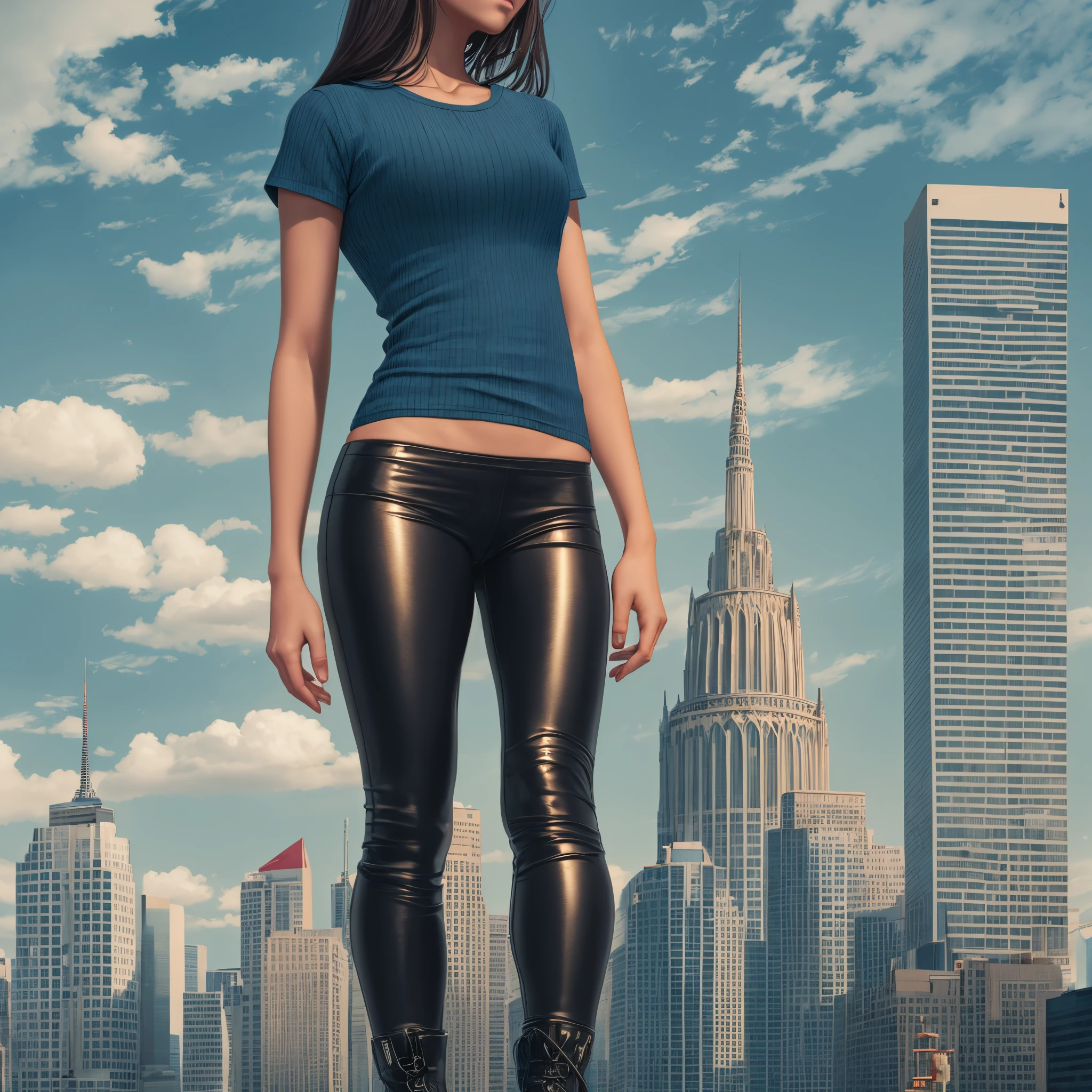 Giant woman who is 450 meters tall, wears black leggings, wears black long boots, wears a blue T-shirt, and walks in the city next to the buildings, digital painting, digital illustration, extreme detail, digital art, 4k, ultra hd --auto --s2