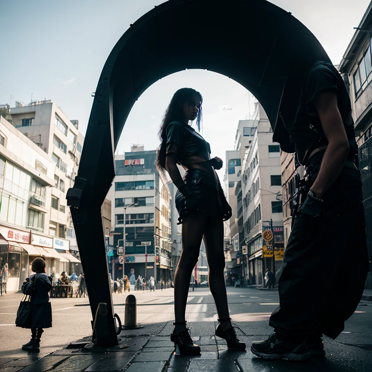 women standing on the street.cyberpunk style. Whole silhouette visible