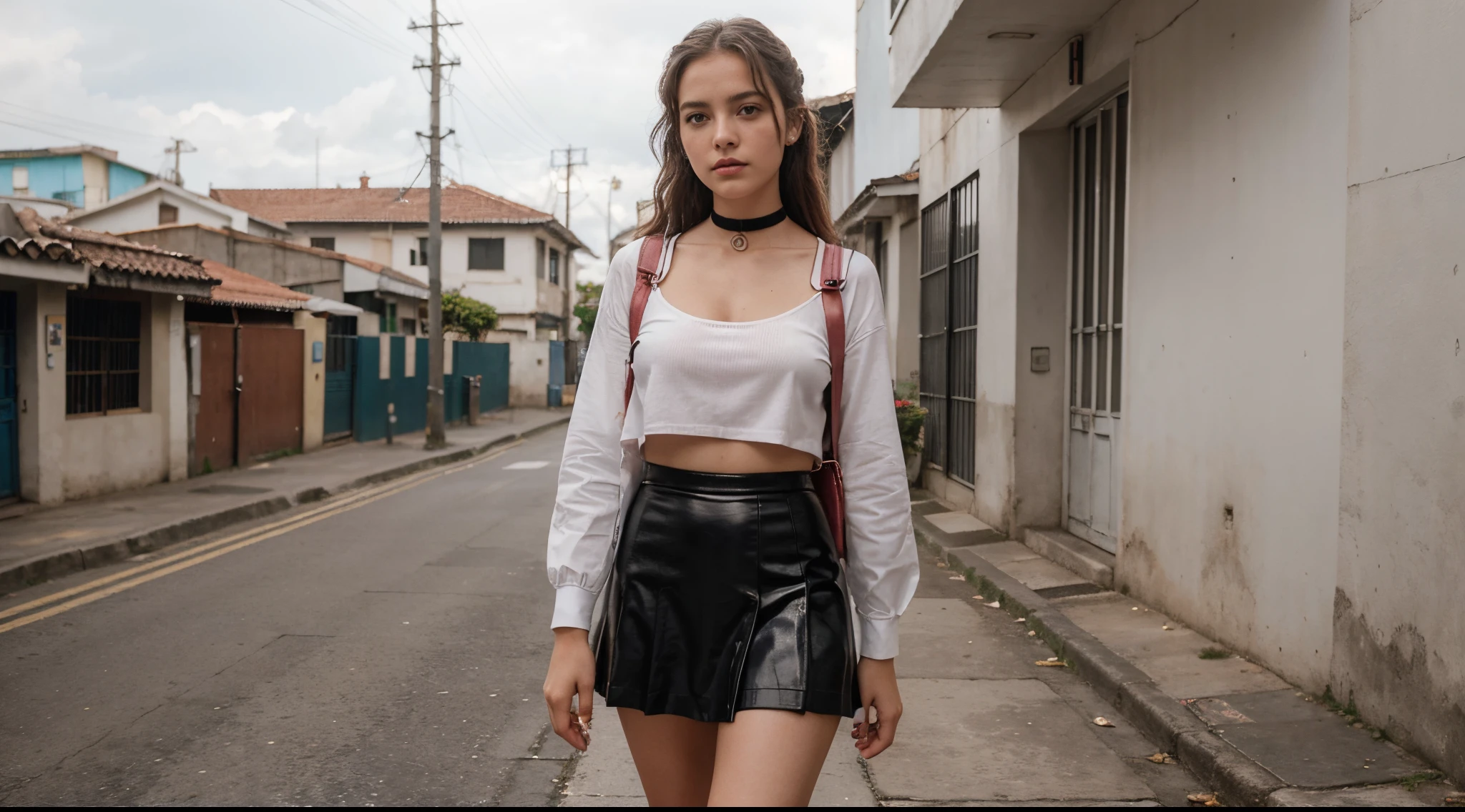 schoolgirl, bonita, 19 anos, loira platinada, nsfw, muito bonita, athletic, cabelos loiros, olhos azuis, red-lips, franja, usando uniforme escolar, saia plissada cinza clara muito curta, pernas grossas, pernas bonitas, cintura estreita, meias brancas de coxa saia plissada curta, cinza clara, mini-skirt, camisa branca de manga comprida, seios pequenos, mamilos rosados, porcelain skin, The girl is wearing a black leather choker, the girl is wearing a school uniform, meias brancas de coxa The girl is standing on a street in a cyberpunk city, the girl walks towards the camera, sob o sol do meio dia, the girl is wearing light fabric clothes. Foto de corpo inteiro, standing girl