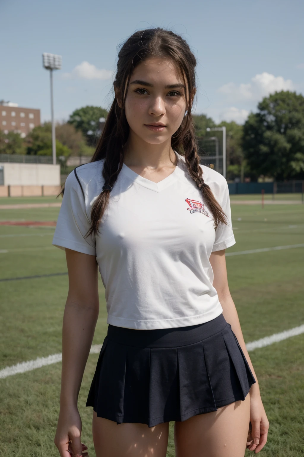 ((best quality)), ((masterpiece)), (detailed), perfect face, Create an anime drawing of an athletic school girl practicing sports on the school field. Her school uniform is slightly sweaty, and she has a determined look on her face. Use a sports field filled with teammates and equipment as the backdrop to highlight her competitive spirit