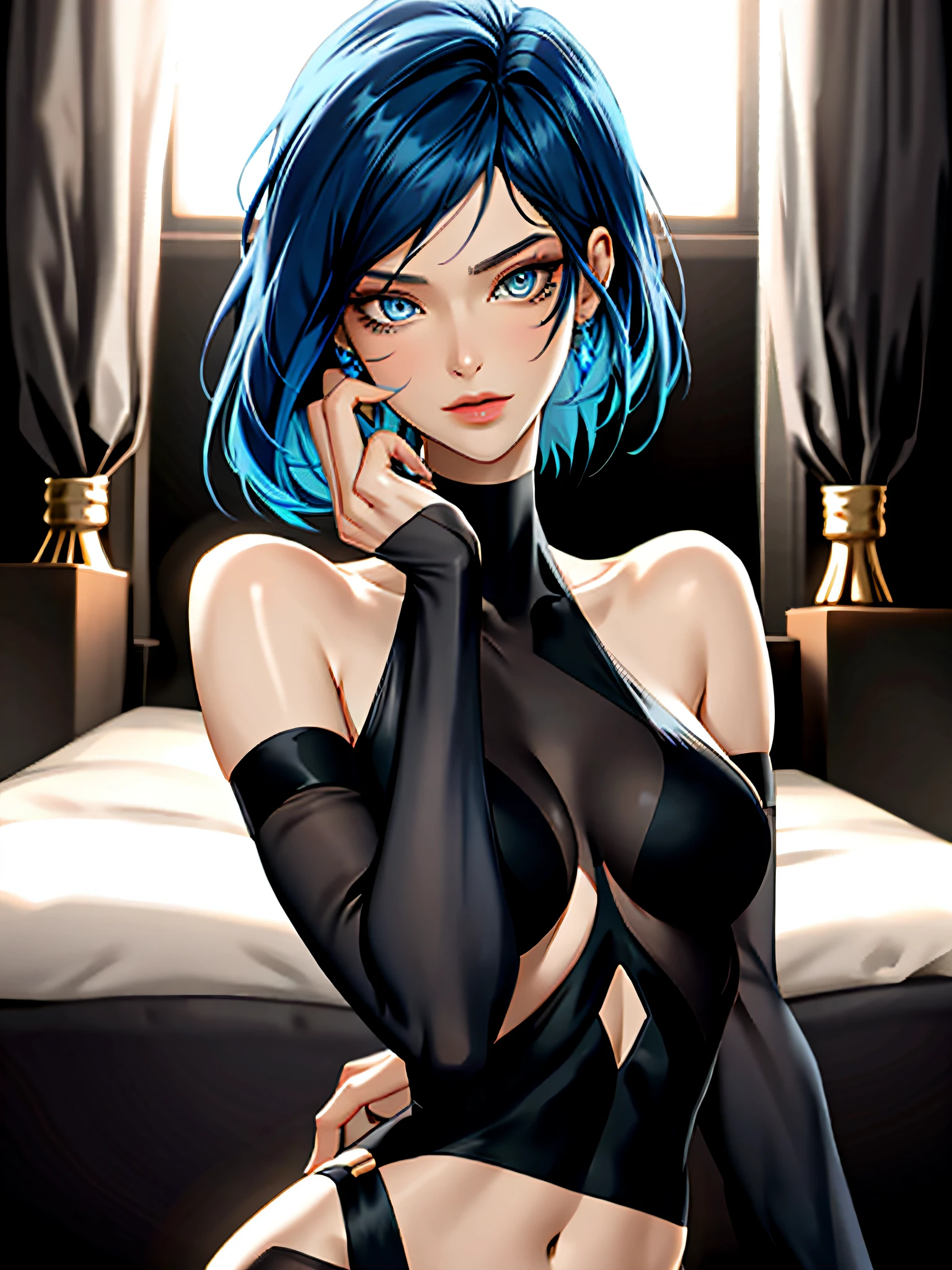 nsfw:1.5,masterpiece, best quality, high quality, High definition, High quality texture, High quality shadow, high detail, beautiful detailed, finely detailed, extremely detailed cg, detailed texture, a realistic representation of the face, realistic, colorful, delicate, Cinematic Light, sidelighting, Lens Flare, Ray tracing, sharp focus, (1girl, __focus__:1.3), (intricate details, makeup, PureErosFace_V1:0.5), (detailed beautiful delicate face, detailed beautiful delicate eyes, a face of perfect proportion, high detailed skin, detailed skin, best ratio four finger and one thumb, arms under breast, medium breasts, wide hips, smooth midriff, skiny and thin, __fashion__, __hair__:1.3), __location__,no hands chloe price, dark blue hair with black highlights, shoulder length hair, girl laying down