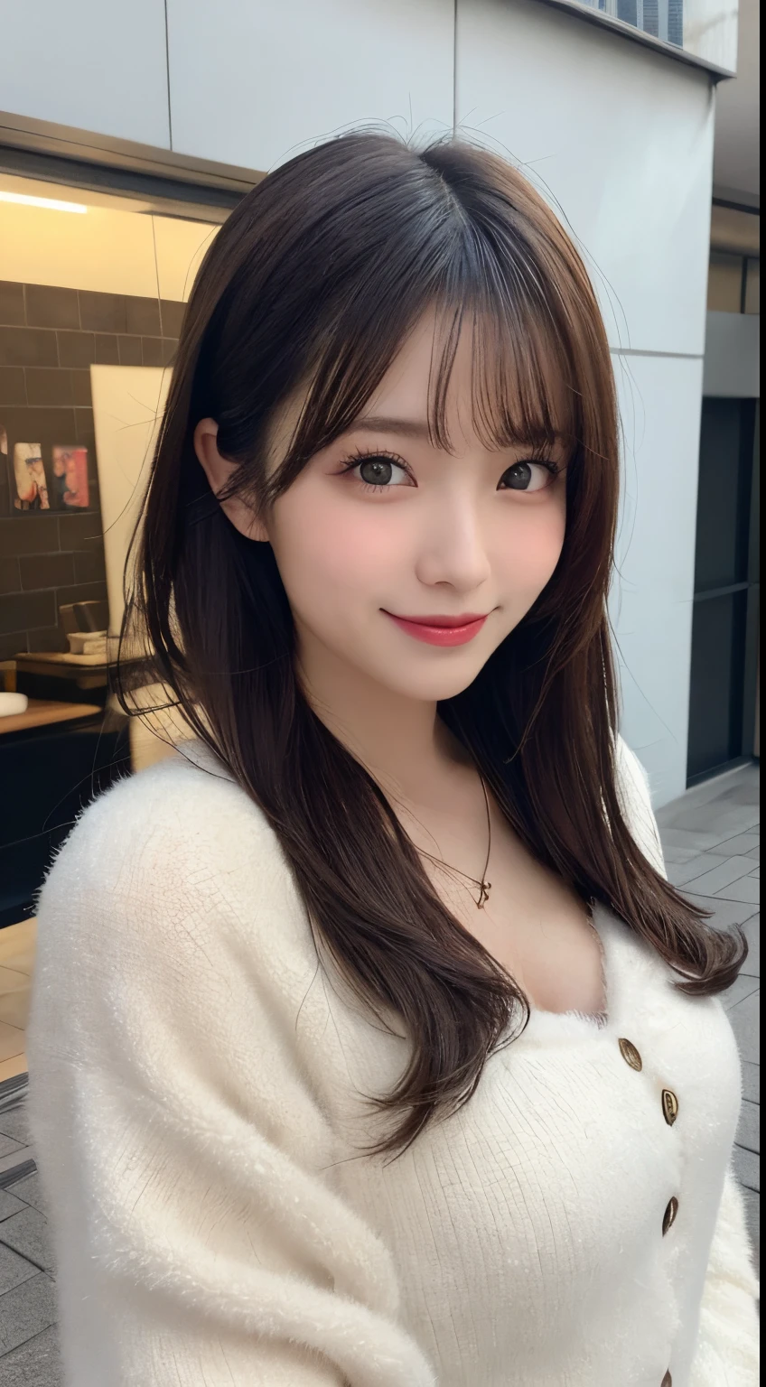 masutepiece, Best Quality, Illustration, Ultra-detailed, finely detail, hight resolution, 8K Wallpaper, Perfect dynamic composition, Beautiful detailed eyes, fluffy winter clothes,Bob Hair,mid-chest, Natural Color Lip, Bold sexy poses,Smile,Harajuku、20 years girl、Cute、Sexy shot looking at camera,Raw photo