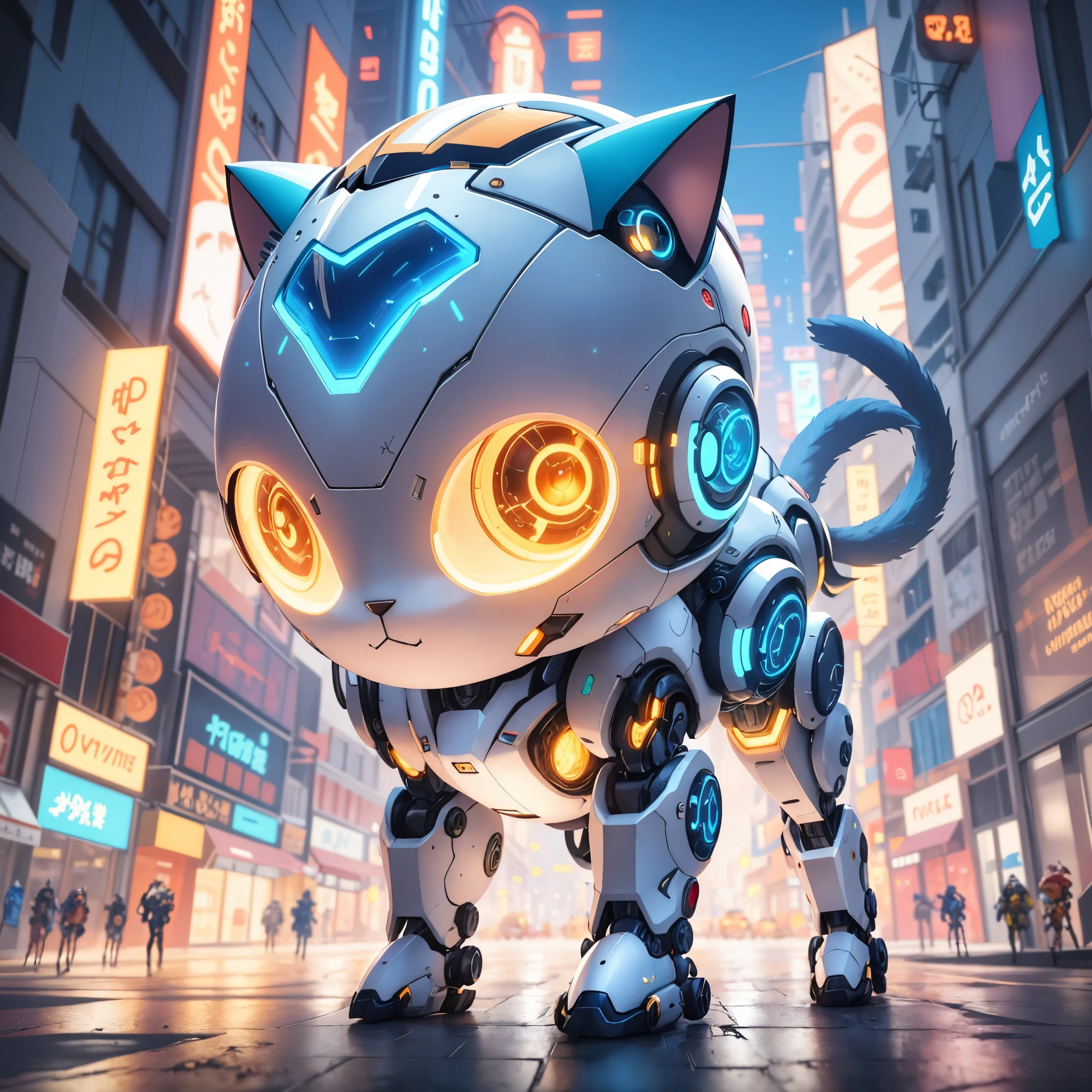 un gros plan d'un chat aux yeux brillants dans une rue de la ville, Chaton cyborg, un chat cyborg, Chat Cyberpunk, Chat cyborg, Robot chat, Tendances sur ArtStation 4K, echo from overwatch, Robot chat, Ross Tran 8 K, adorable digital painting, Anime Chat, Style anime 4 K, Anime Mecha Aesthetic, animal mecha, Tendances sur ArtStation HQ
