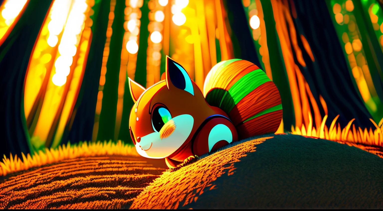top quality Anime-style colored illustration of an anthropomorphic acorn rolling down a slope. enchanted forest on blurred background , Sunset, 3D, 4K, 32K, full HDR, Real image, By Sora