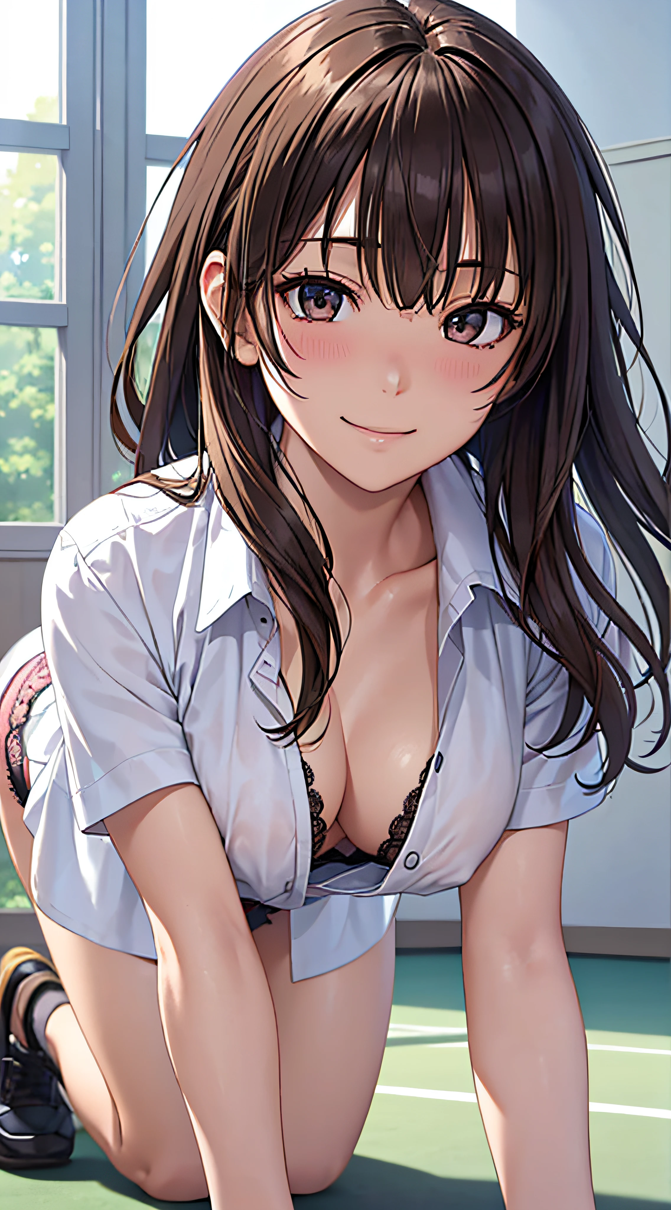 ((masutepiece, Best Quality, hight resolution, nffsw, Perfect Pixel, 4K, nffsw, nffsw))), 1girl in, Single, Solo, Beautie、full body seen、 ((Middle Wave Hair, Bangs, Brown hair)), ((Brown-eyed, Beautiful eyelashes, Realistic eyes)), ((Detailed face, Blushing:1.2)), ((Smooth texture:0.75, Realistic texture:0.65, Photorealistic:1.1, Anime CG style)), medium breasts, Dynamic Angle, Perfect body, White tennis wear, White shirt with short sleeve collar、White pleated skirt,、(no-bra、Puffy nipple)、、, tennis coat、during daytime、all-fours、Very embarrassing panic smile、(Pink floral lace panties)、