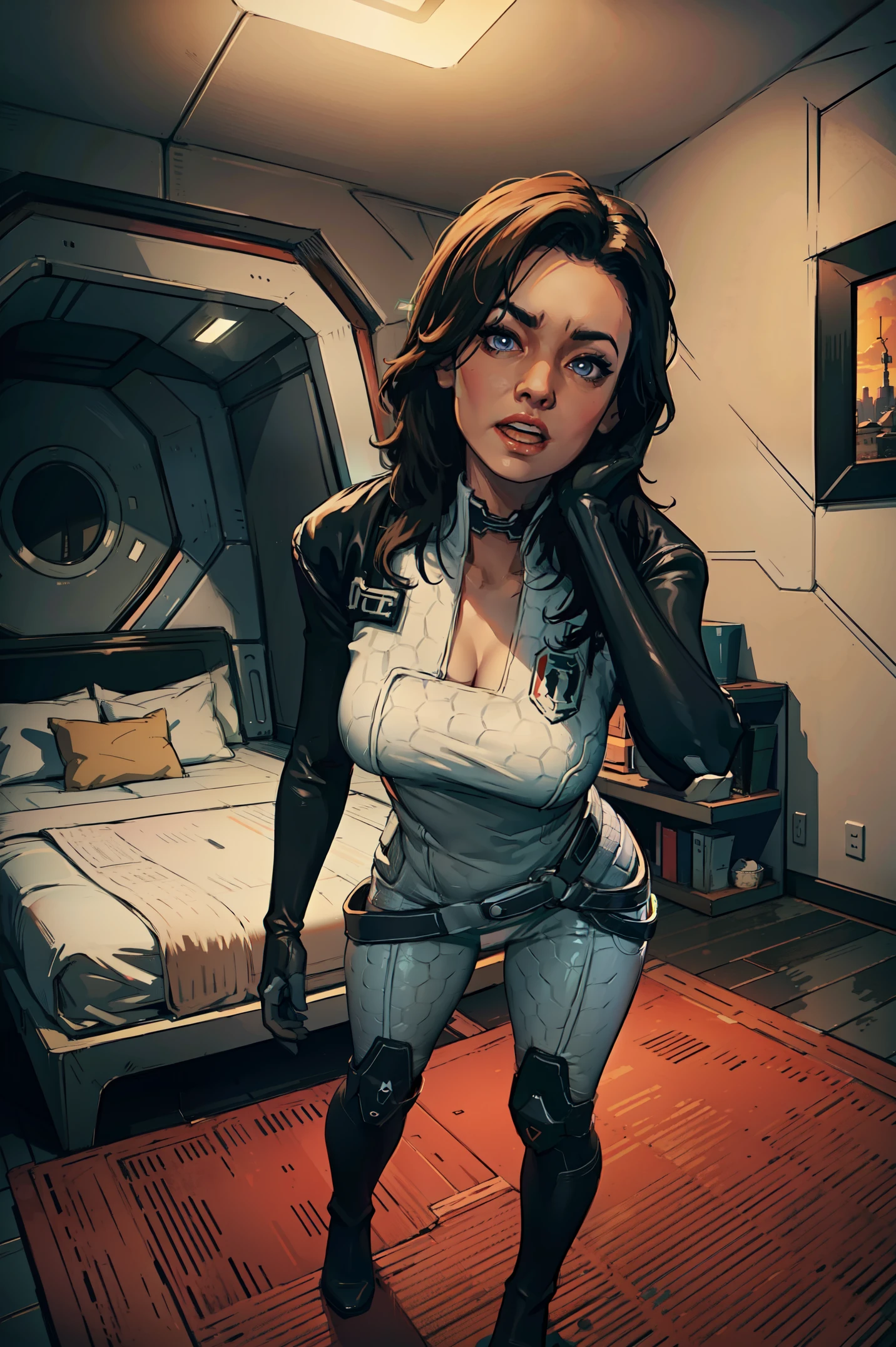 masterpiece, high detailed, best quality, highres:1.2, 1girl, solo, mature girl, Miranda Lawson, black hair, long hair, pretty face, blue eyes, bodysuit, choker, gloves, belt, boots, large breasts, cleavage, looking at viewer, indoors, spaceship interior, bedroom, standing, leaning to the camera, sexy pose, natural feminine hands, natural legs, full body shot, curious expression, opened mouth