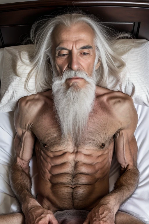 An elder with a long beard and white hair, with a serene face wrinkles, looking producing, body older weak, skinny bones hairy, body naked, his shirt was open to reveal his stomach wrinkles older hairy weak and chest, arms legs neck hands feet skinny old and weak, shy and blushed, Lying in the bed dark, hands and foots attached by handcuffs, briefs boxer black, legs spread chains,Closed eyes, face expression afraid and mouth open, master-piece,4K images,beste-Qualit