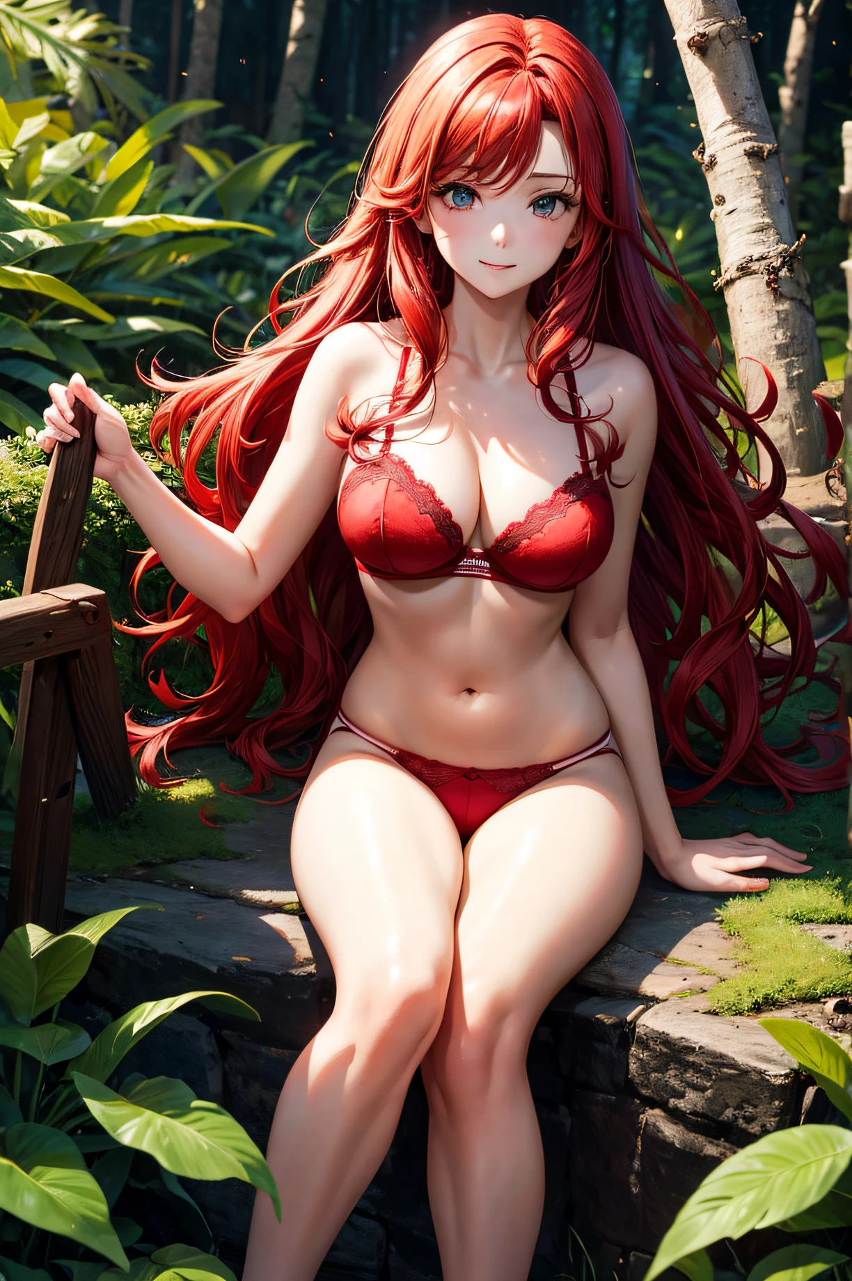 1 woman, long red hair, Wear red underwear.. Wearing red panties and lying in the middle of the forest.