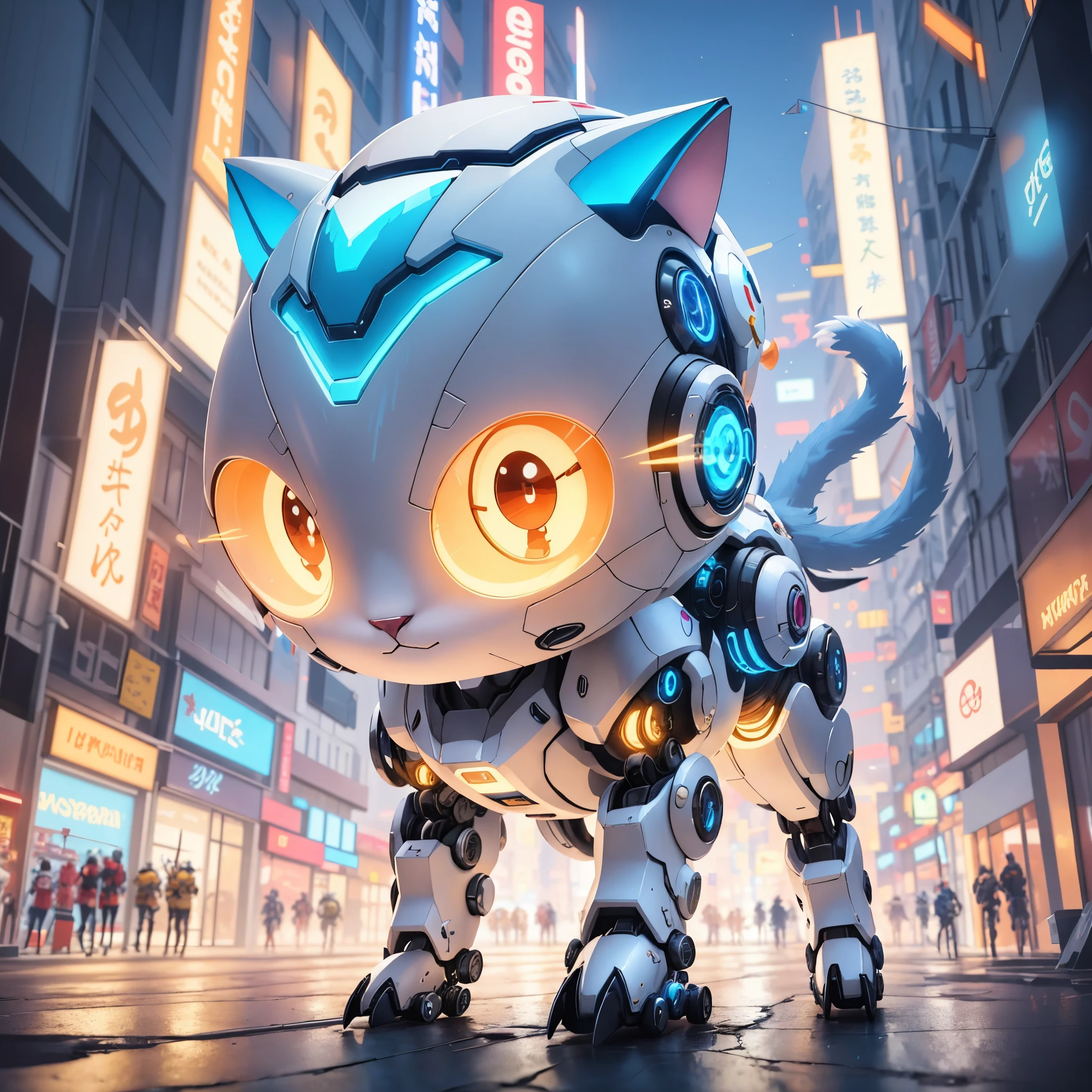 un gros plan d'un chat aux yeux brillants dans une rue de la ville, Chaton cyborg, un chat cyborg, Chat Cyberpunk, Chat cyborg, Robot chat, Tendances sur ArtStation 4K, echo from overwatch, Robot chat, Ross Tran 8 K, adorable digital painting, Anime Chat, Style anime 4 K, Anime Mecha Aesthetic, animal mecha, Tendances sur ArtStation HQ