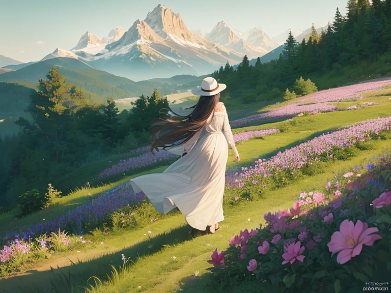 A landscape image of a beautiful girl walking down a flowery garden wearing a long dress with a scarf and hat and has long hairs. She is looking at the beautiful mountains at a distance. The image is viewed from back of the girl