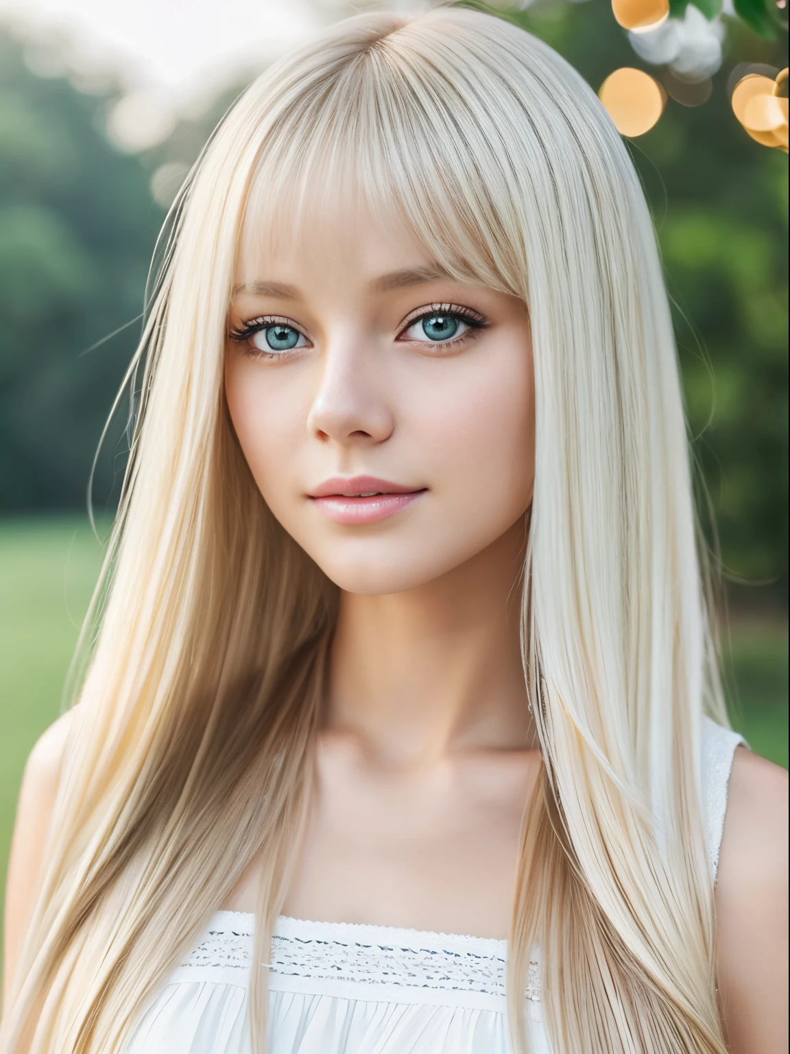 Shiny Beautiful White Skin、Hair color changes in light、Long bangs block the view、Glints of cheek glitter、Sexy and very beautiful cute cute gorgeous face、The most beautiful face in the world、The most beautiful super long blonde hair in the world、Sleek, straight hair、Bright natural light brown eyes, that shine、Beautiful beautiful Swedish beautiful girl at 17 years old、Baby's face