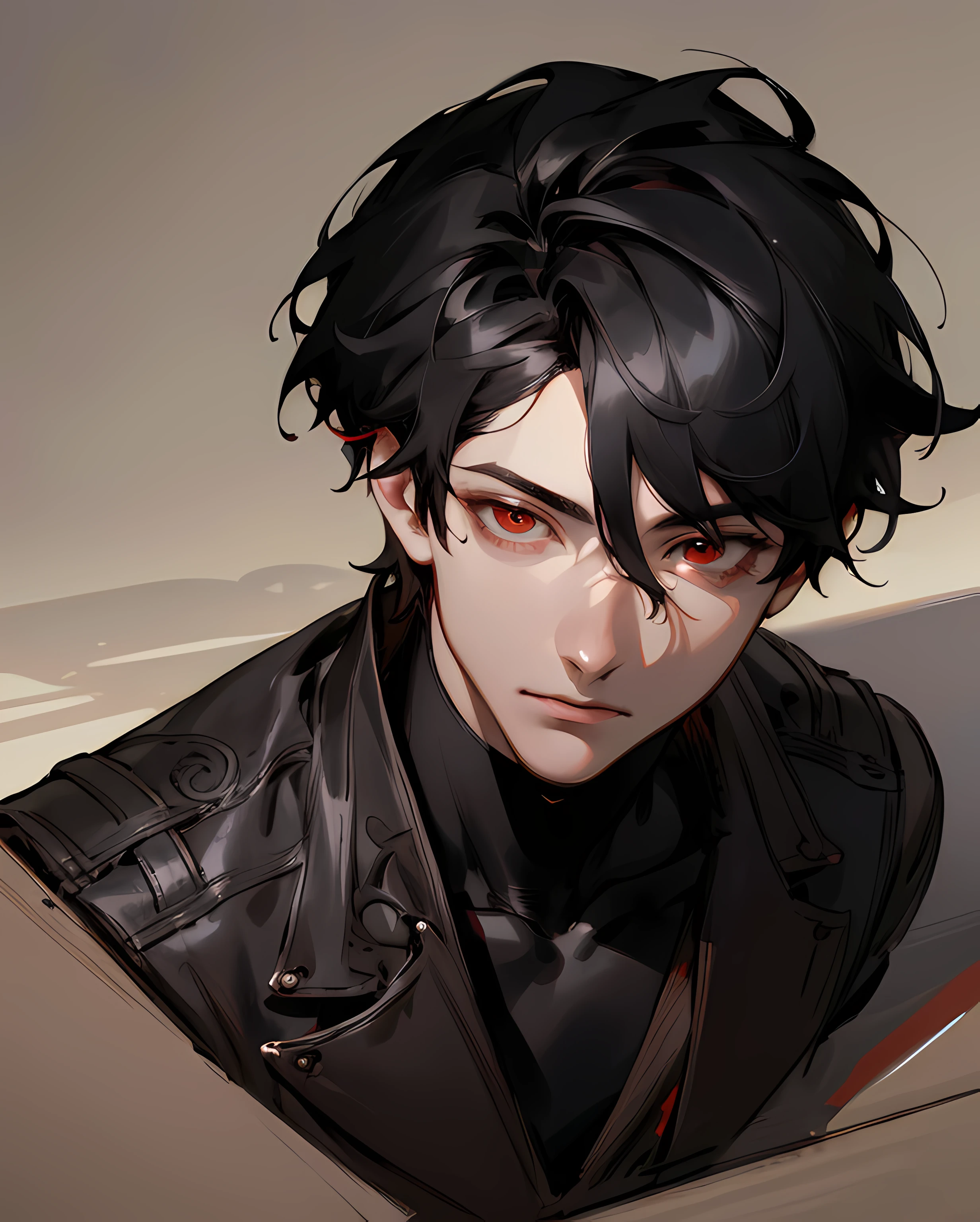 A close up of a person with a black jacket and red eyes - SeaArt AI