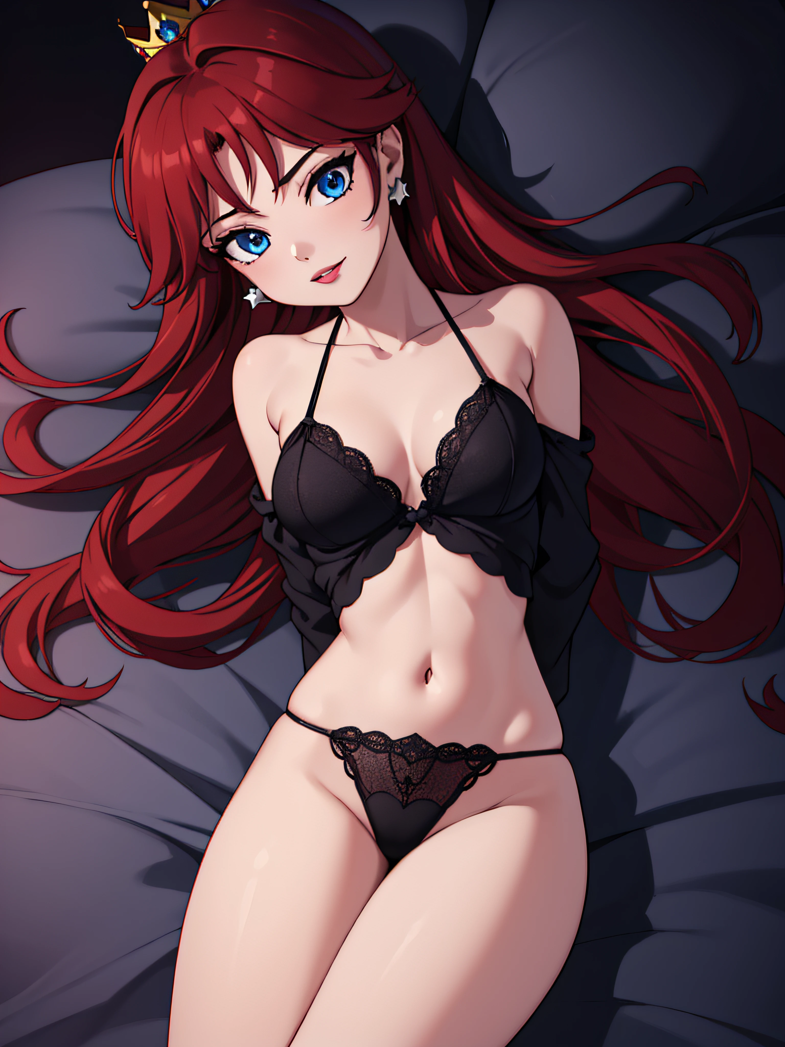 ((high detailed, best quality, 4k, masterpiece, hd:1.3)), (Bedroom), laying on bed, Princess Daisy, blue eyes, BREAK blue eyes, seductive, attractive, sexy smile, smiling, smooth anime cg art, 36C breasts, long legs, vivid colors, detailed digital art, slim body, perfect skin, dark red hair, long hair, dark hair, red hair, BREAK crown, cleavage, 36C cleavage, looking at viewer, BREAK looking at viewer, extremely detailed face, black lingerie, small black lingerie, tiny black lingerie, black thong, original lingerie, earrings, gem, dark black makeup lips, dark gothic eyeshadows, dark eyeshadows, black eyeshadows, black sexy lips, black lips, (dark:1.2), dark lips, very dark lips, (perfect hands, perfect anatomy), black makeup, black medium lips, black thick lips, detailed fingers, five fingers per hand, 5 fingers, (1 girl), detailed lips, detailed black lips, black painted lips, gothic painted lips, BREAK night, night sky, sky, star \(sky\), star \(symbol\), space, sun, (breast focus), (arms outstreched:1.2), (from above:1.1), (breasts out:1.3), (off shoulder:1.1),