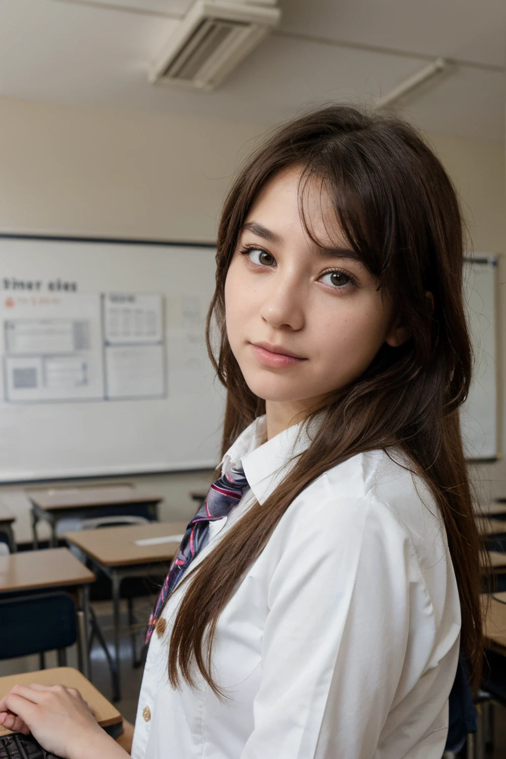 ((best quality)), ((masterpiece)), (detailed), perfect face, Envision an anime drawing of a confident school girl giving a presentation in front of her class. Her school uniform is spotless, and she has a poised expression. Use a classroom filled with students and a teacher as the backdrop to emphasize her leadership qualities