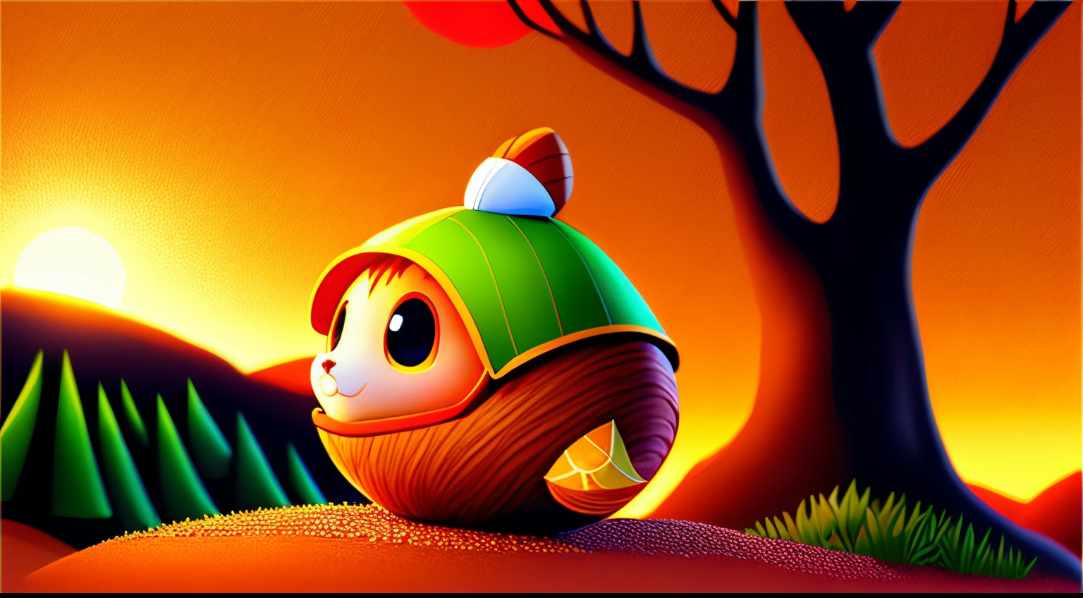 top quality Anime-style colored illustration of an anthropomorphic acorn rolling down a slope. enchanted forest on blurred background , Sunset, 3D, 4K, 32K, full HDR, Real image, By Sora