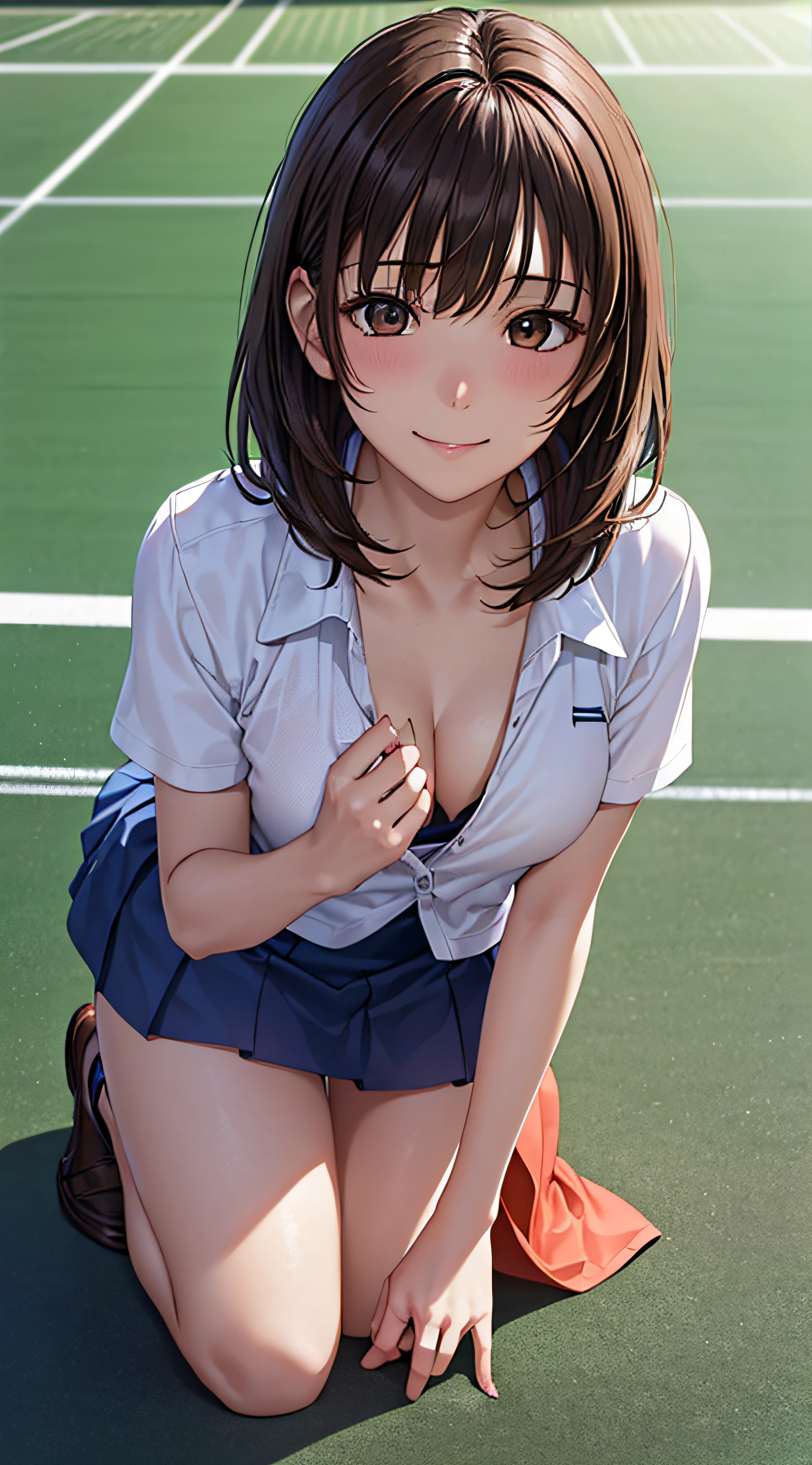 (perfect hands),(1 girl), brown bob hair,Little,messy hair, ,(orgasm face),, masterpiece, highest quality, ultra high resolution, 8k, professional lighting, photon mapping, ,(Tennis court:1.2),low saturation,Front view, full length, realistic background, shallow depth of field, perfect anatomy,,((cute:1.4)),(10 :1.8)、(tennis uniform:1.1),,nude:1.8,closed my eyes, orgasm face, blush, arched back, (vagina peniale), (maleの上にまたがって座る), (girl on top), , (rodeo), hetero,下の白い肌のmale, (激しいsex:1.7), (cum out:1.2), NSFW, small breasts, (Sweat:1.2), ((sex:1.4)), ((pen:1.5)),((maleの足:1.4)),((moving line:1.4)),(nipple:1.5),(orgasm face:1.8),, (throw:1.5),((女の子とmale:1.8)),(close-up:1.5)