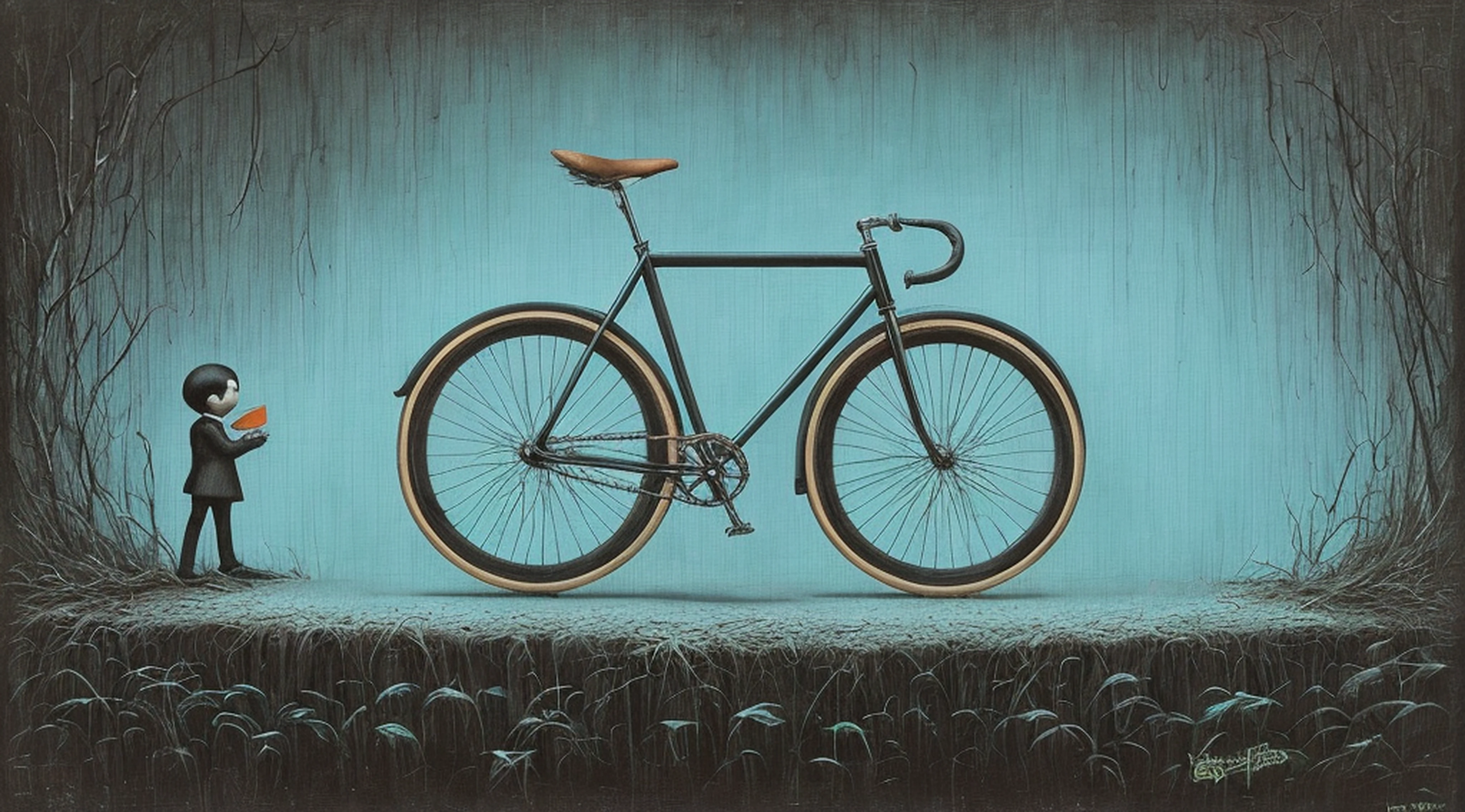 Una pintura de una bicicleta fixie, Estilo de Mark Ryden, inspirado por Mark Ryden, Estilo Mark Ryden, Mark Ryden en el estilo de, benjamin lacombe, Mark Ryden muy detallado, Anton Semenov, Inspirado en Nicoletta Ceccoli, Eric Lacombe, Surrealismo pop lowbrow, por Mark Ryden
