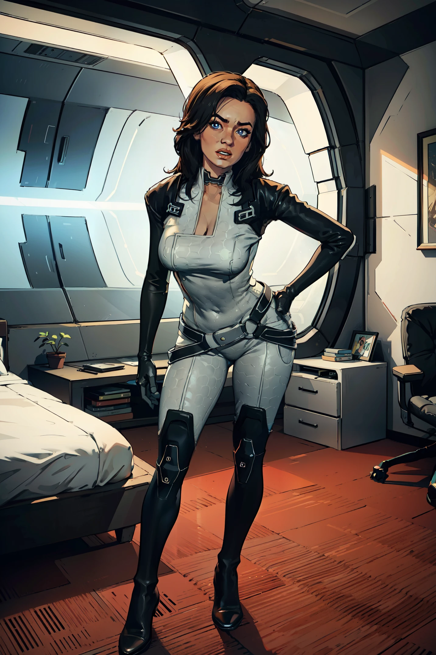 masterpiece, high detailed, best quality, highres:1.2, 1girl, solo, mature girl, Miranda Lawson, black hair, long hair, pretty face, blue eyes, bodysuit, choker, gloves, belt, boots, large breasts, cleavage, looking at viewer, indoors, spaceship interior, bedroom, standing, leaning to the camera, sexy pose, natural feminine hands, natural legs, full body shot, curious face expression, opened mouth