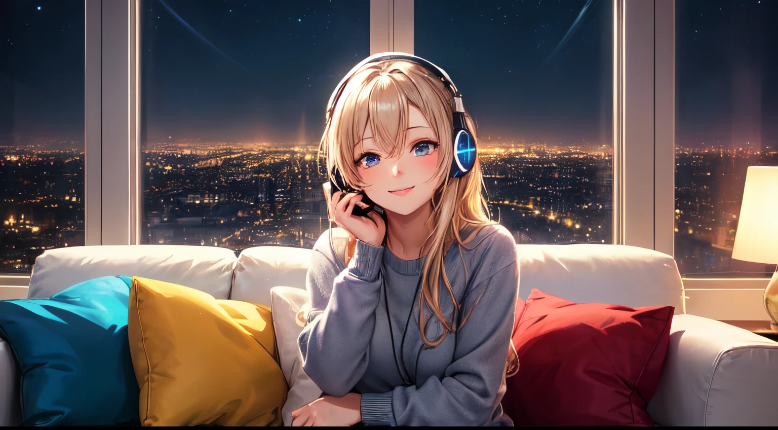 (best quality,masterpiece:1.2),detailed,perfect face,girl sitting on a white sofa, in a well decorated living room, with big windows showing the night skyline,2D anime style,illustration,soft lighting,vibrant colors,night,peaceful atmosphere,cozy background,expressive eyes,warm smile,flowing hair,headphones on,bright-eyed,likeable character