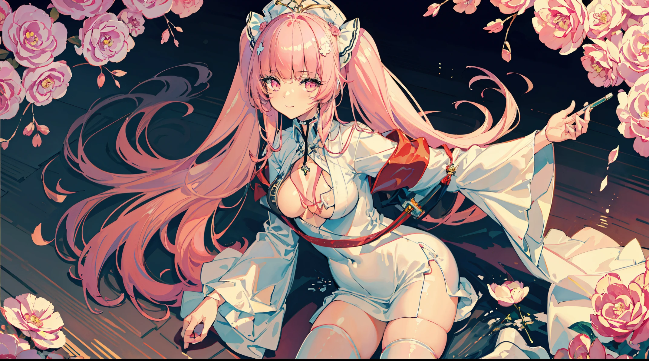masterpiece, best quality, 8k resolution, sharp focus, intricate detail, beautiful girl, sparkling eyes, golden ratio face, otherworldly liquid, watercolor, pastel colors, bright colors, whimsical, colorful, sharp focus, high resolution, fine detail, ((layered tiered puffy long sleeves ballgown)), ((round eyes)), iridescent bubbles, fantasia background, perseusorigin, flowers, white_dress, angel_wings, white_legwear, cute, flowers, flower, pink flower, rose, anime wallpaper, hdx wallpaper, 1girl, dress, very long hair, solo, breasts, pink hair, smile, white dress, looking at viewer, cleavage, frills, frilled dress, pink eyes, bangs, wide sleeves