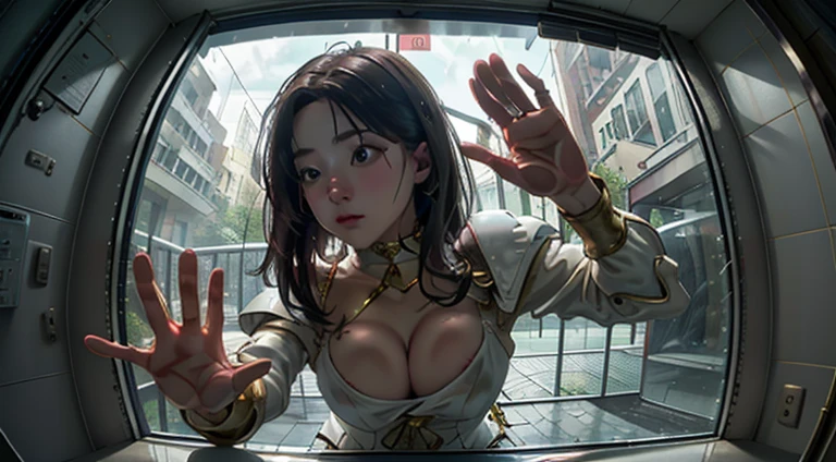 (masterpiece, best quality:1.3, fisheye), extremely high detailed, intricate, 8k, HDR, wallpaper, cinematic lighting, (toilet:1.4, bent over against glass, breasts on glass, hands on glass, window fog), kazuha wearing gold and white armor, chokers,((1boy, from behind, pov ass grab)), from behind