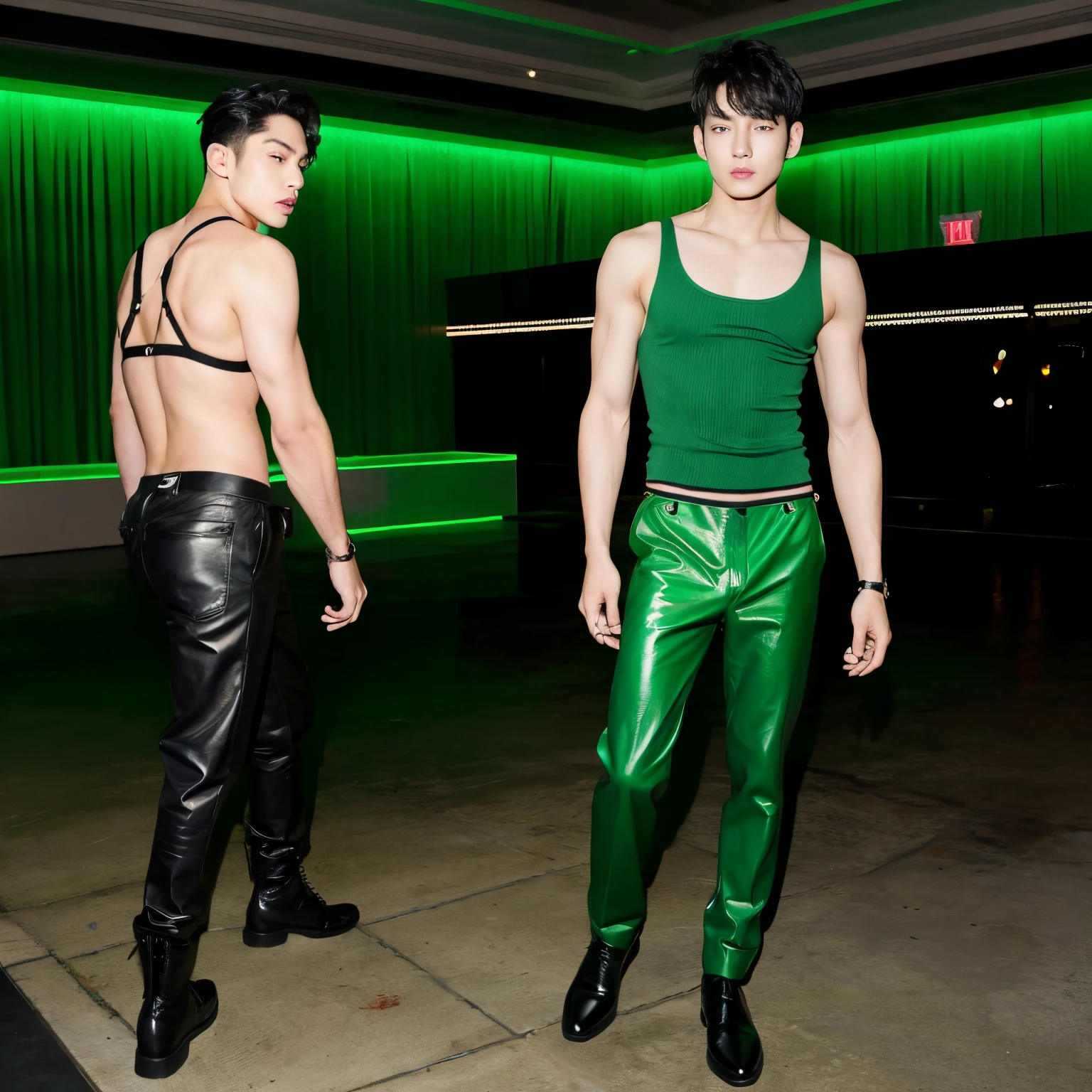 man wearing green briefs　Party Venue　Black tank top　Black leather shoes