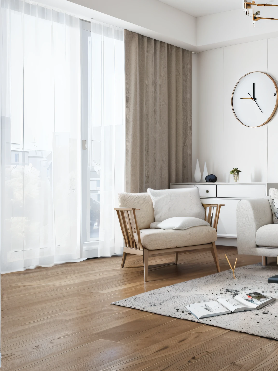 there is a living room with a couch, a chair, and wall clock, scandinavian style, scandinavian design, archviz, highly detailed render, Hyper-realistic rendering, Hyper-realistic rendering, realistic physical rendering, Ultra-realistic rendering of details, Bright rendering, inspired by Constantin Hansen, Award-winning rendering, highly detailed 3d render, highly detailed 3d render