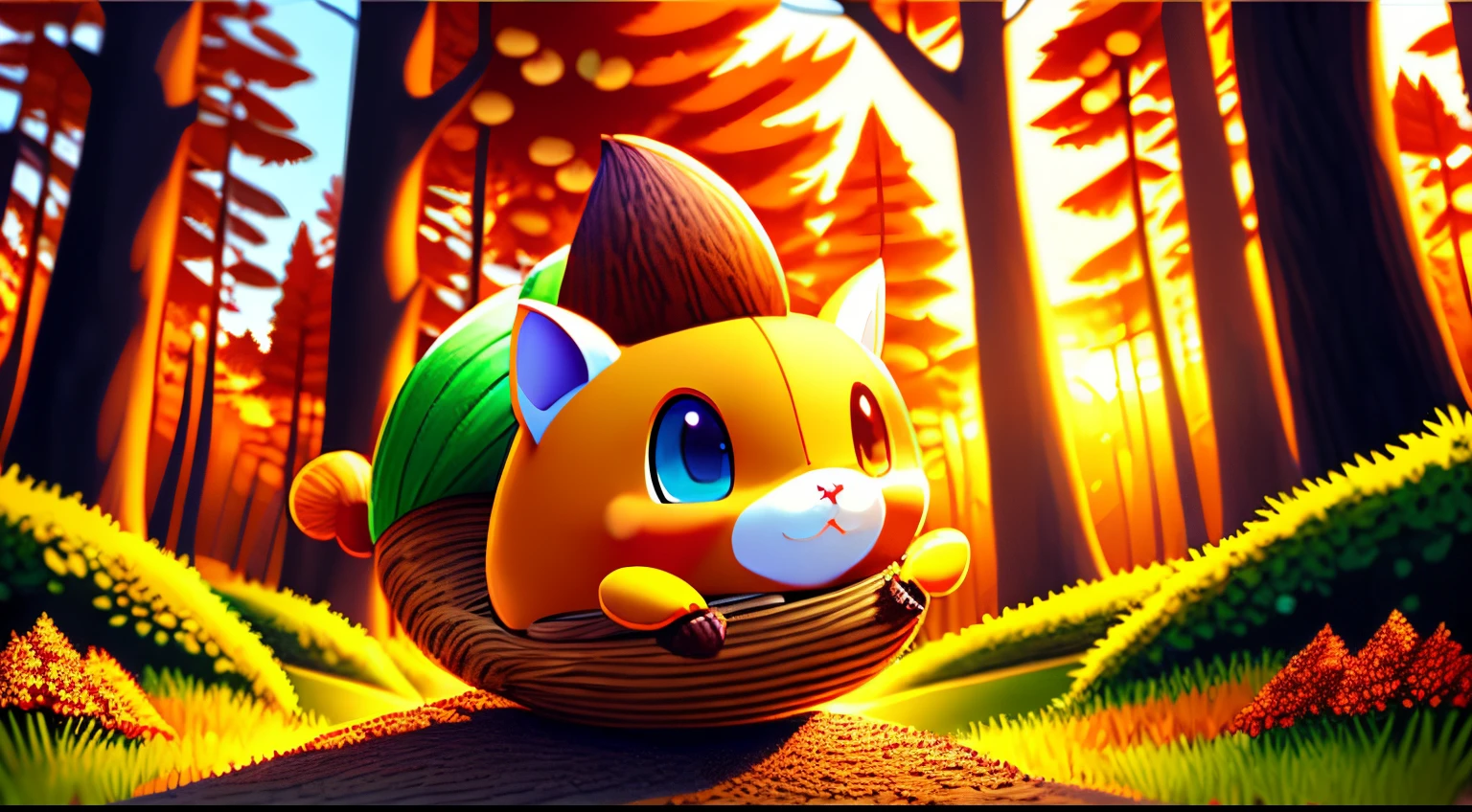 top quality Anime-style colored illustration of an anthropomorphic acorn rolling down a slope. enchanted forest on blurred background , Sunset, 3D, 4K, 32K, full HDR, Real image, By Sora