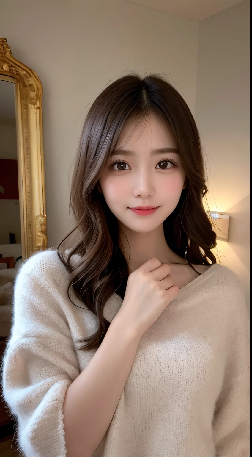 masutepiece, Best Quality, Illustration, Ultra-detailed, finely detail, hight resolution, 8K Wallpaper, Perfect dynamic composition, Beautiful detailed eyes, fluffy winter clothes,Bob Hair,mid-chest, Natural Color Lip, Bold sexy poses,Smile,luxury home living room、20 years girl、Cute、Sexy shot looking at camera,Raw photo、beautifull detailed face,Slender face,Blur the background,Take only the face