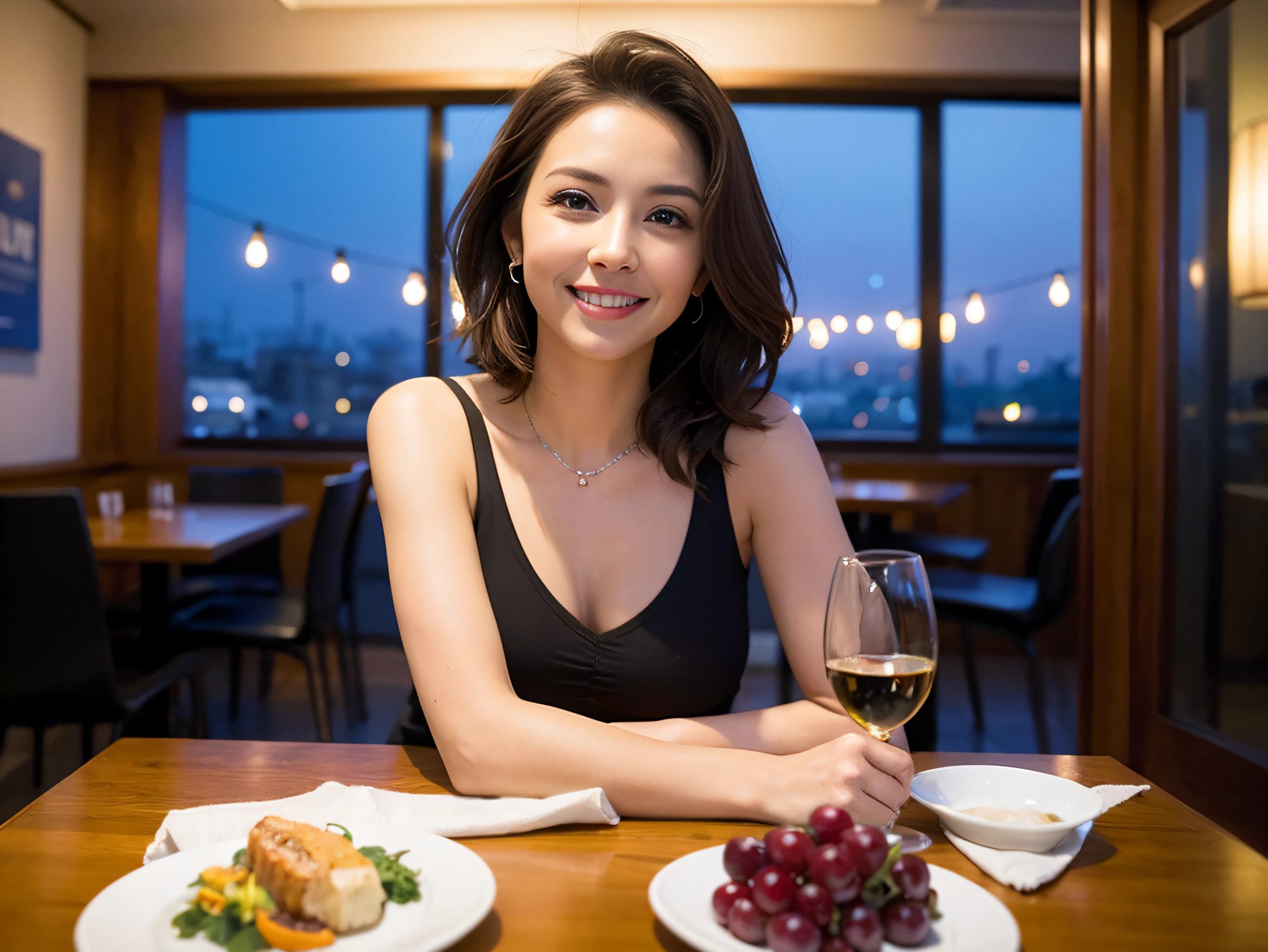 (64k uhd, nffsw, of the highest quality, masutepiece: 1.2), (Realistic, Photorealistic: 1.37), 1 pretty woman, (Slim Face), (Slim body), (Brown hair), (short-cut), cheeks blush a little, (41 years old), 38 years, Solo, A beautiful night view spreads outside the window, restaurant, Sitting in a wine glass, At night, In a prominent place (from waist up) NovaFrogStyle, actress, Model, waist-up, white wine, slim, wine glasses, Super clean night view, Wine glass placed in the middle, Happy smile, (Smile: 1.15), Beautiful fine eyes, Upper body, Bust Japan Up, Night, Short, Short, actress, Model, waist-up, white wine, slim, wine glasses, Super clean night view, Wine glass placed in the middle, Happy smile,