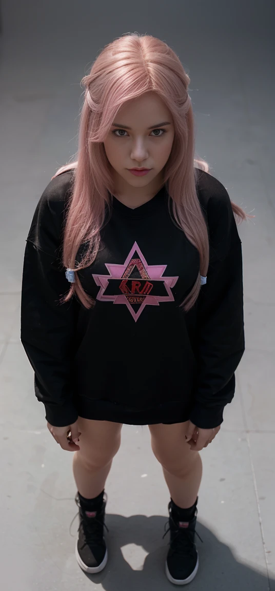 an RPG token, top view, top view, character looking down, woman wearing a modern outfit, black sweatshirt and plaid skirt, white background, long pink hair, more variations, similar to the second one, more variations, more variations, more variations, Full body