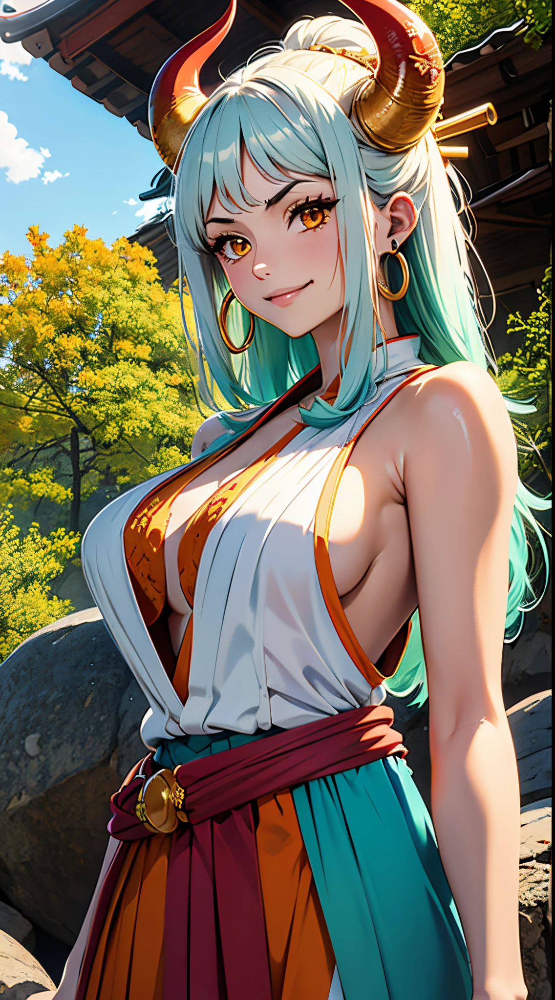 masutepiece, ((Ultra detailed backgrounds, Delicate pattern, intricate high detail)), (ighly detailed, finedetail), Best Quality,Beautiful and shining breasts, lean girl, Very thin girl))), (cowboy  shot),  YamatoV2, The long-haired, 1girll, banya, whaite hair, Yui, lor, red horns, Coil horn, Hair ornament colorful horns), jewely, earrings, Komono, Komono, hair stick, Sleeveless, Bare shoulders, aqua hair, side locks, hoop earings, Hakama, ssmile, Hefty Smile, ((Orange Eyes)), intricate detailed background, Outside, setting in nature, boulders, Sunny weather, Blue sky, Skysky, punch