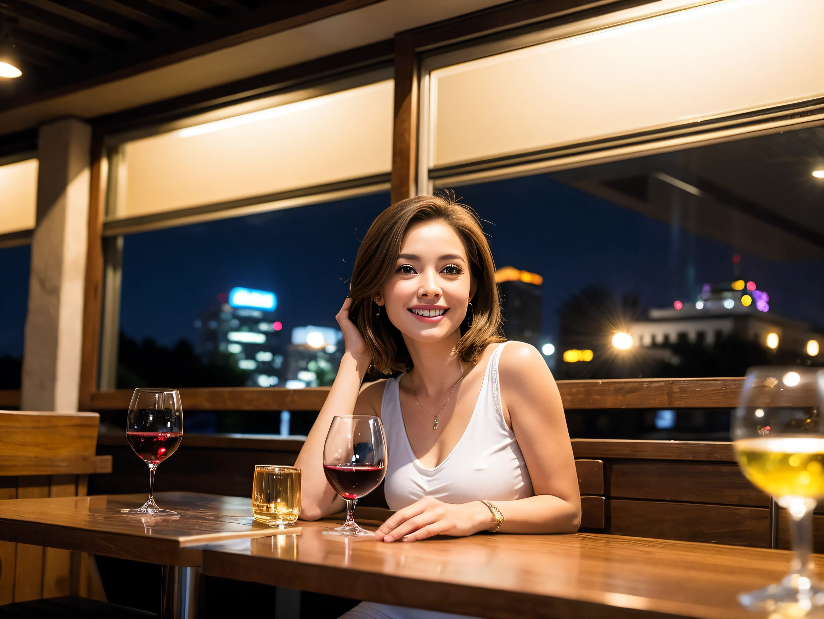 (64k uhd, nffsw, of the highest quality, masutepiece: 1.2), (Realistic, Photorealistic: 1.37), 1 pretty woman, (Slim Face), (Slim body), (Brown hair), (short-cut), cheeks blush a little, (41 years old), 38 years, Solo, A beautiful night view spreads outside the window, restaurant, Sitting in a wine glass, At night, In a prominent place (from waist up) NovaFrogStyle, actress, Model, waist-up, white wine, slim, wine glasses, Super clean night view, Wine glass placed in the middle, Happy smile, (Smile: 1.15), Beautiful fine eyes, Upper body, Bust Japan Up, Night, Short, Short, actress, Model, waist-up, white wine, slim, wine glasses, Super clean night view, Wine glass placed in the middle, Happy smile,