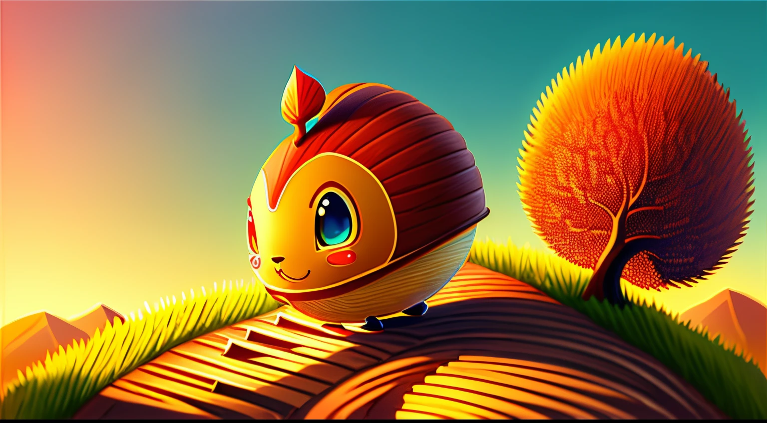 top quality Anime-style colored illustration of an anthropomorphic acorn rolling down a slope.  magical hill on blurred background , Sunrise, 3D, 32K, full HDR, Real image,