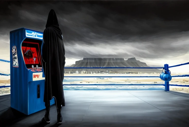 there is a man standing next to an arcade machine in a boxing ring, hooded boxer in the colour baby blue, near the beach, distant hooded figures, table mountain in the background, concept art for a video game, cape, game art matte painting, hooded figure surreal, videogame still, mattepainting, standing in front of a mountain, baby blue boxing gloves hanging in corner of boxing ring, black and white, art masterpice, beatufil painting, inspired by Volkan Baga, jayson tatum as guerilla heroica, realistic artstyle, r / paintedminis, super realistic gritty