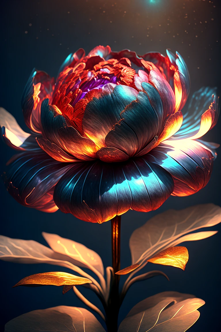 Peony flower, super transparent, holy light, beautiful spectrum light, petals glowing, shimmering, dark background, transparent light drops, reflected light, bright, light streaming in, optical, portrait silhouette, sharp focus, magical, intricate, hyper-realistic, fantasy, composition, light, artstation trend, pearl, patron saint cloud of silver steam, corroded surround ray family, 8k, real ar 23v4 uplight