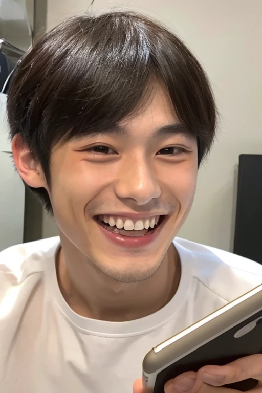 Handsome is a 22 year old Japanese man.,Smiling and delighted,Wears a white shirt,addicted to smartphone