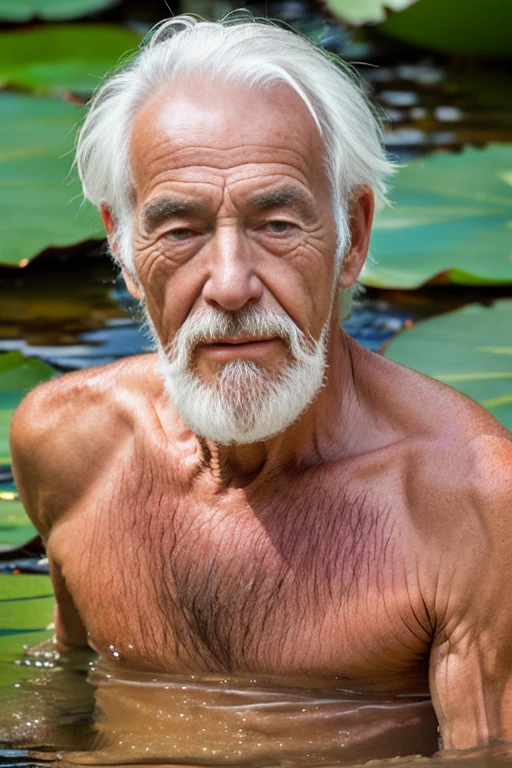 An elder with a long beard and white hair, with a serene face wrinkles, looking producing, body older weak, skinny bones hairy, body naked, his shirt was open to reveal his stomach wrinkles older hairy weak and chest, arms legs neck hands feet skinny old and weak, shy and blushed, Lying in the water,water lily,lotus leaf,Closed eyes,master-piece,4K images,beste-Qualit