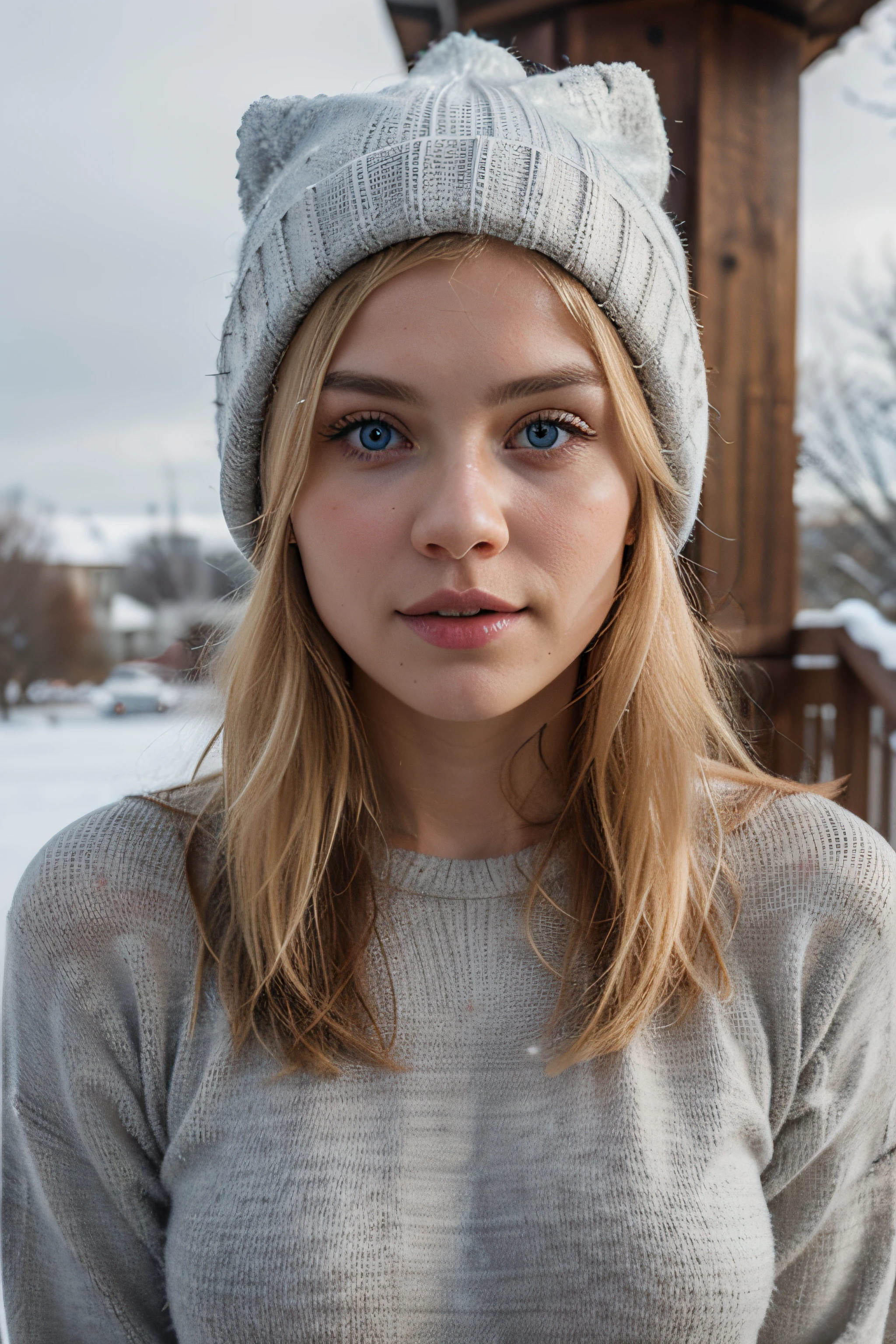 Extremely realistic blonde Russian girl with blonde hair and blue eyes, wearing a white jumper, gray winter hat, entire body, looking at the camera