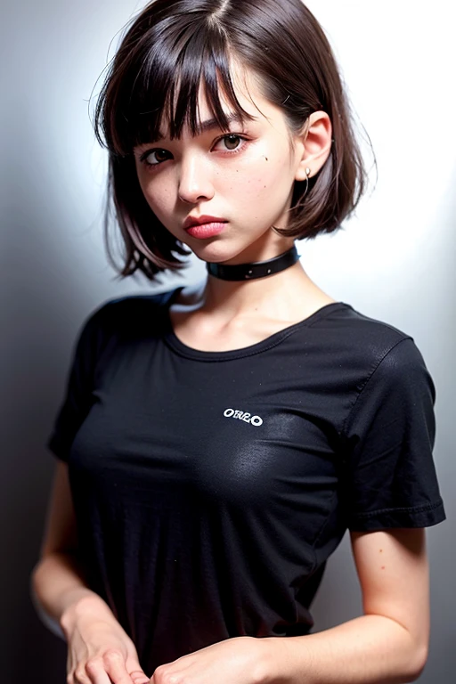 1 youth girl,solo,short hair,bangs,brown hair,open mouth,brown eyes,bright pupils,eyeball,upper body,((black t-shirt)),(from_side:1.3),big eyes,black Choker,(look at viewer),(((black background))),simple background,portrait,adolescent,bandaid,small breasts,(European),Three-dimensional facial features,Big nose,blush,lipstick,forehead,(glint),pout,dot nose,blunt bangs,bowl cut,Hair covers ears