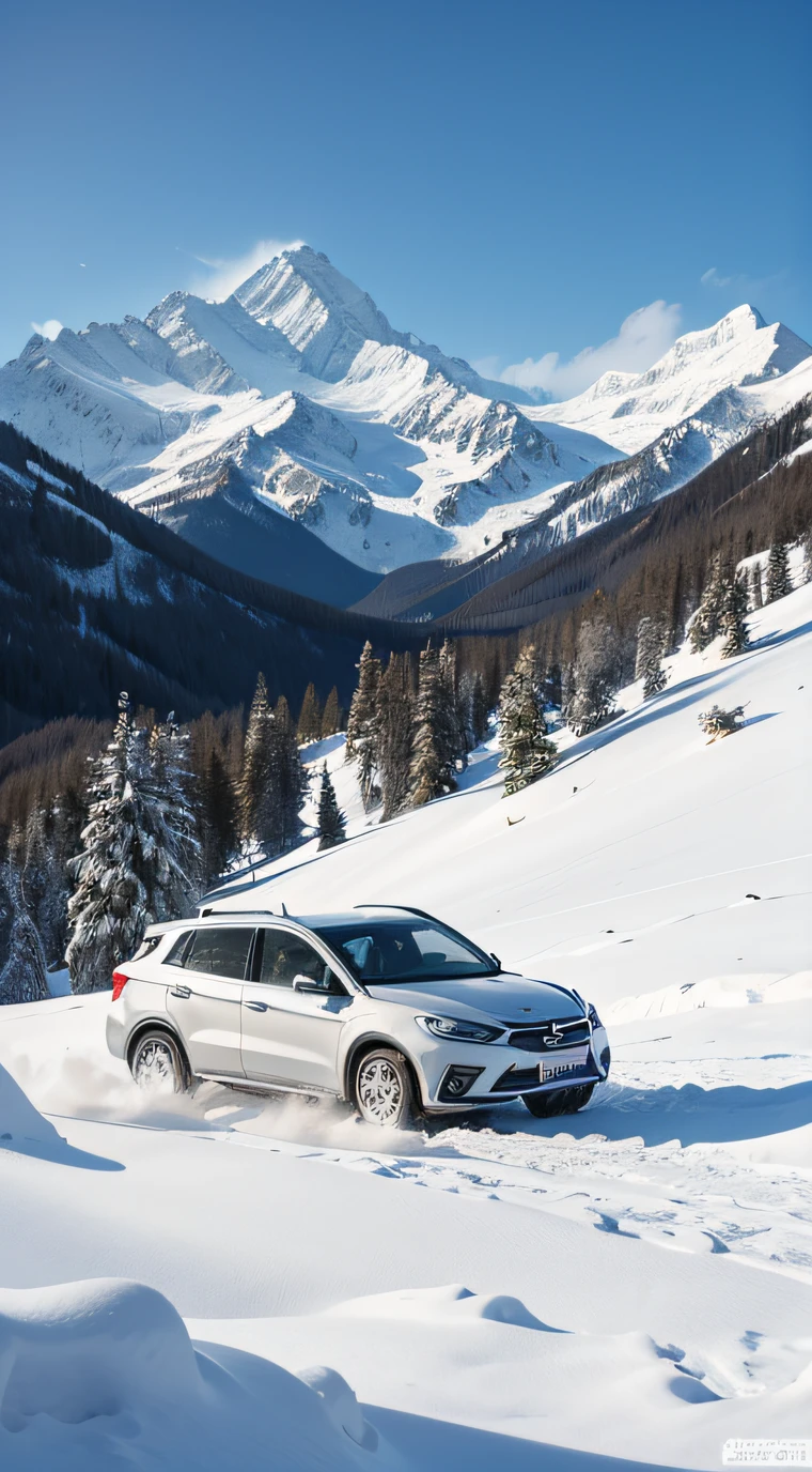 one of the cars，Traveling alone in the snowy mountains，it travels slowly，High mountain peaks，It is even more vibrant against the backdrop of snow-capped mountains..，Undaunted、The spirit of climbing the peak